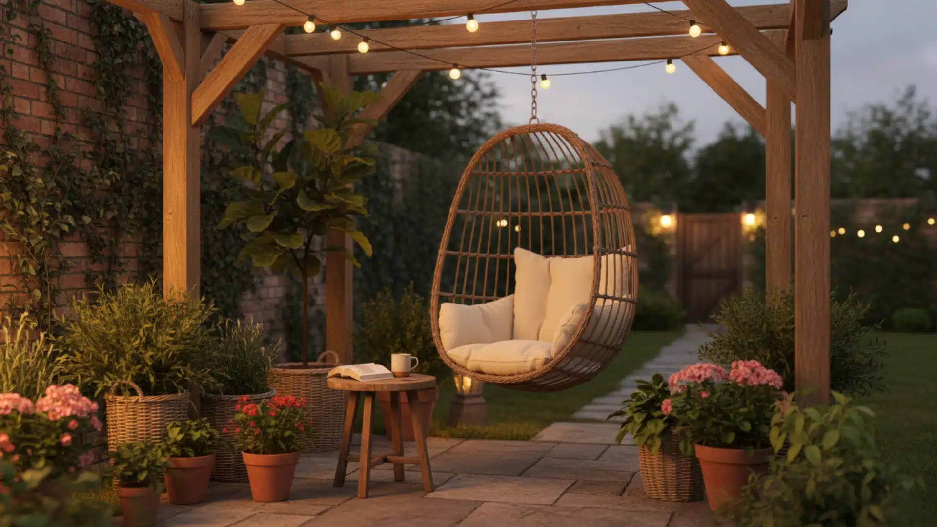 a wicker hanging egg chair with cream cushions suspended from a wooden pergola on a small patio with string lights terracotta pots and flowering plants at dusk