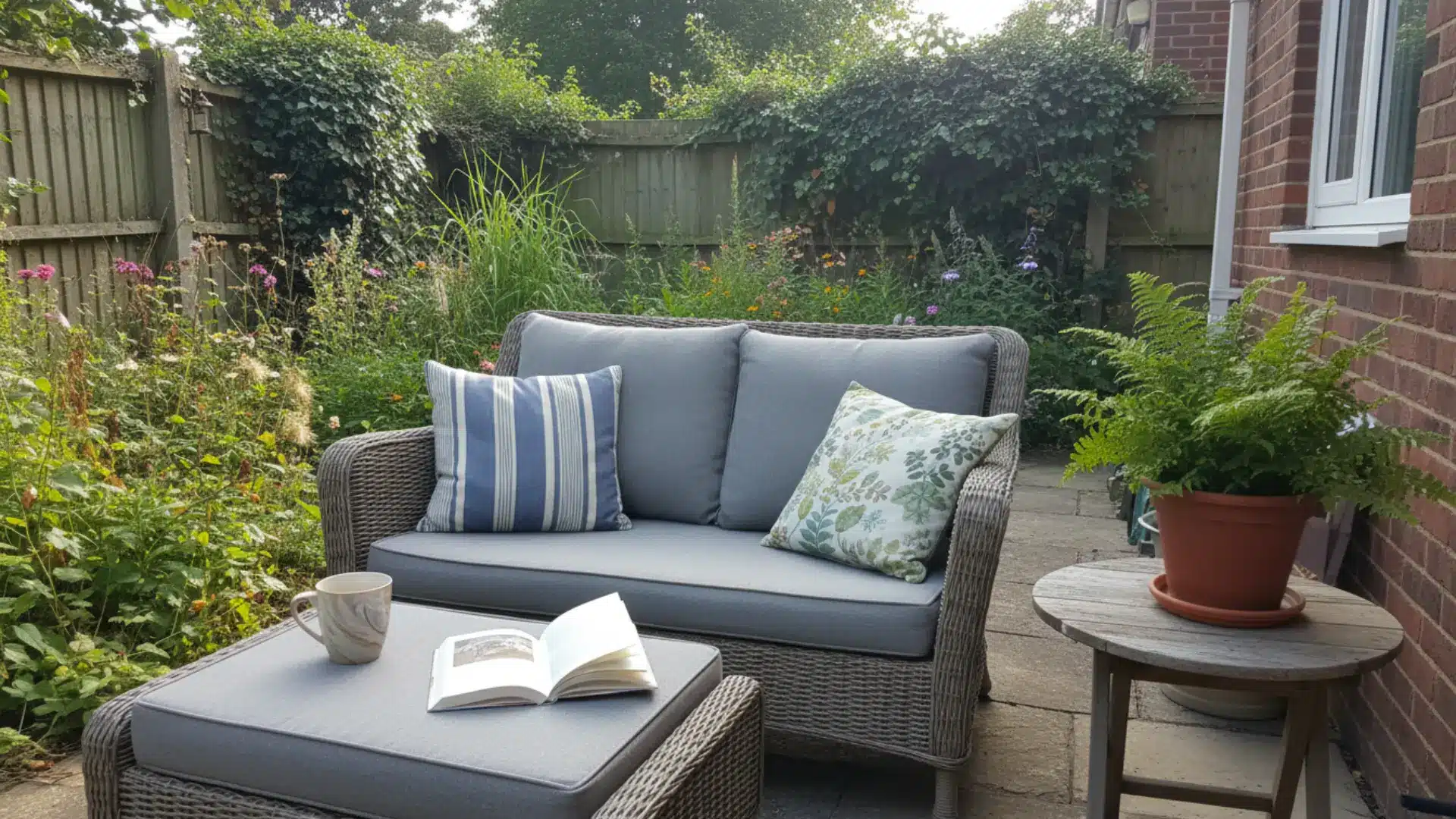 a wicker loveseat with grey cushions and a matching ottoman with a tea mug and book on a small backyard patio surrounded by lush garden and ivy covered fence in soft morning light