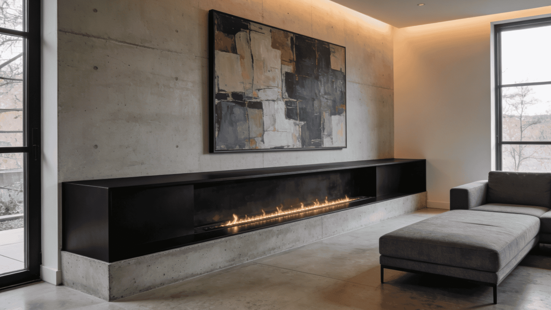 _a wide wall to wall linear gas fireplace with a blackened steel surround and a thin ribbon of flame beneath a large abstract painting in a minimal living room with a grey sectional sofa