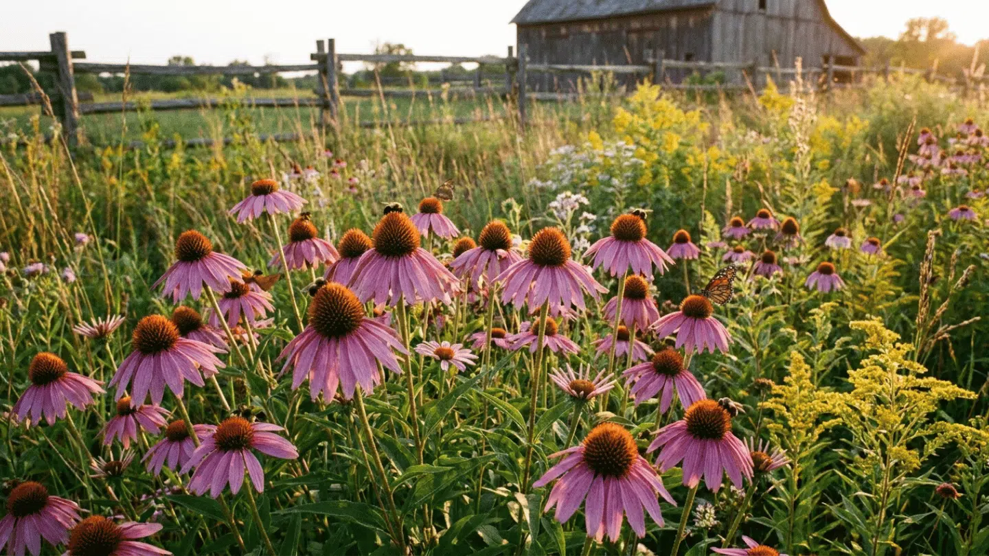 a wildflower meadow filled with purple coneflowers and butterflies beside a rustic barn at golden sunset light
