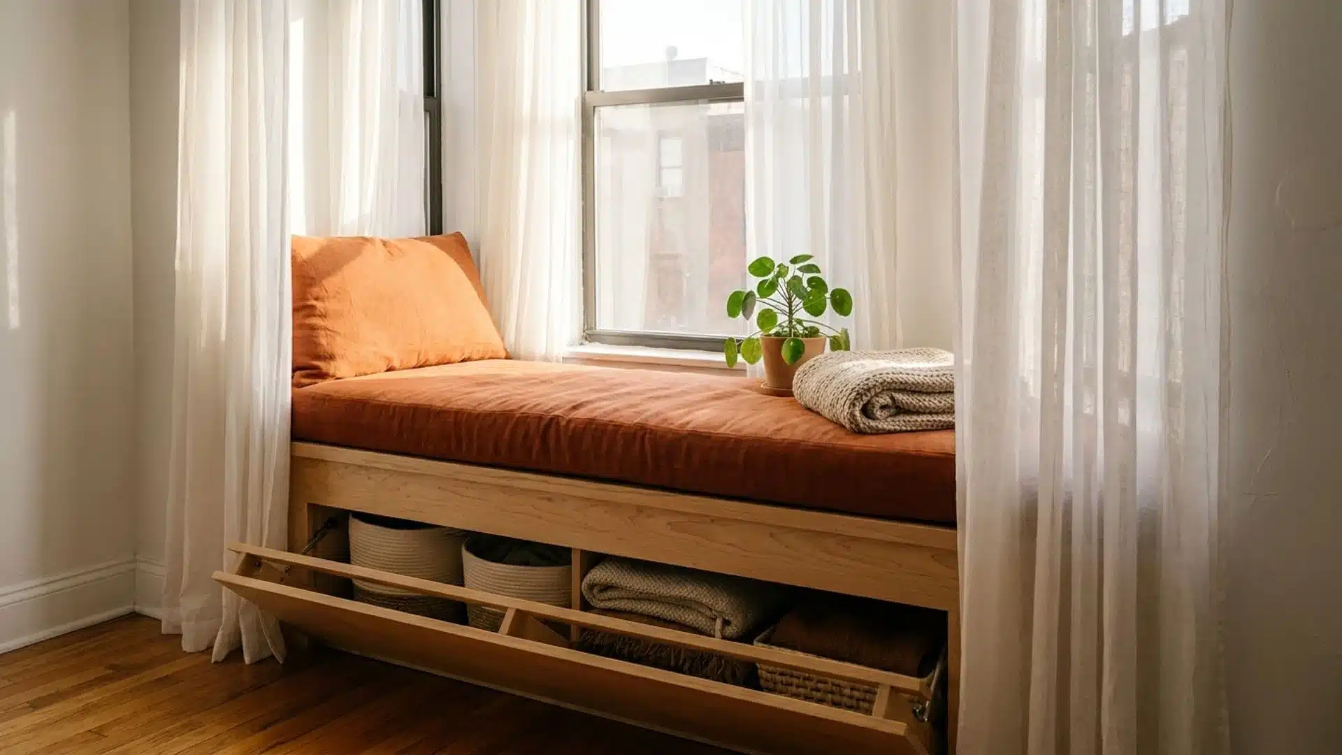 a cozy window seat with hidden storage compartments underneath framed by sheer curtains and natural light