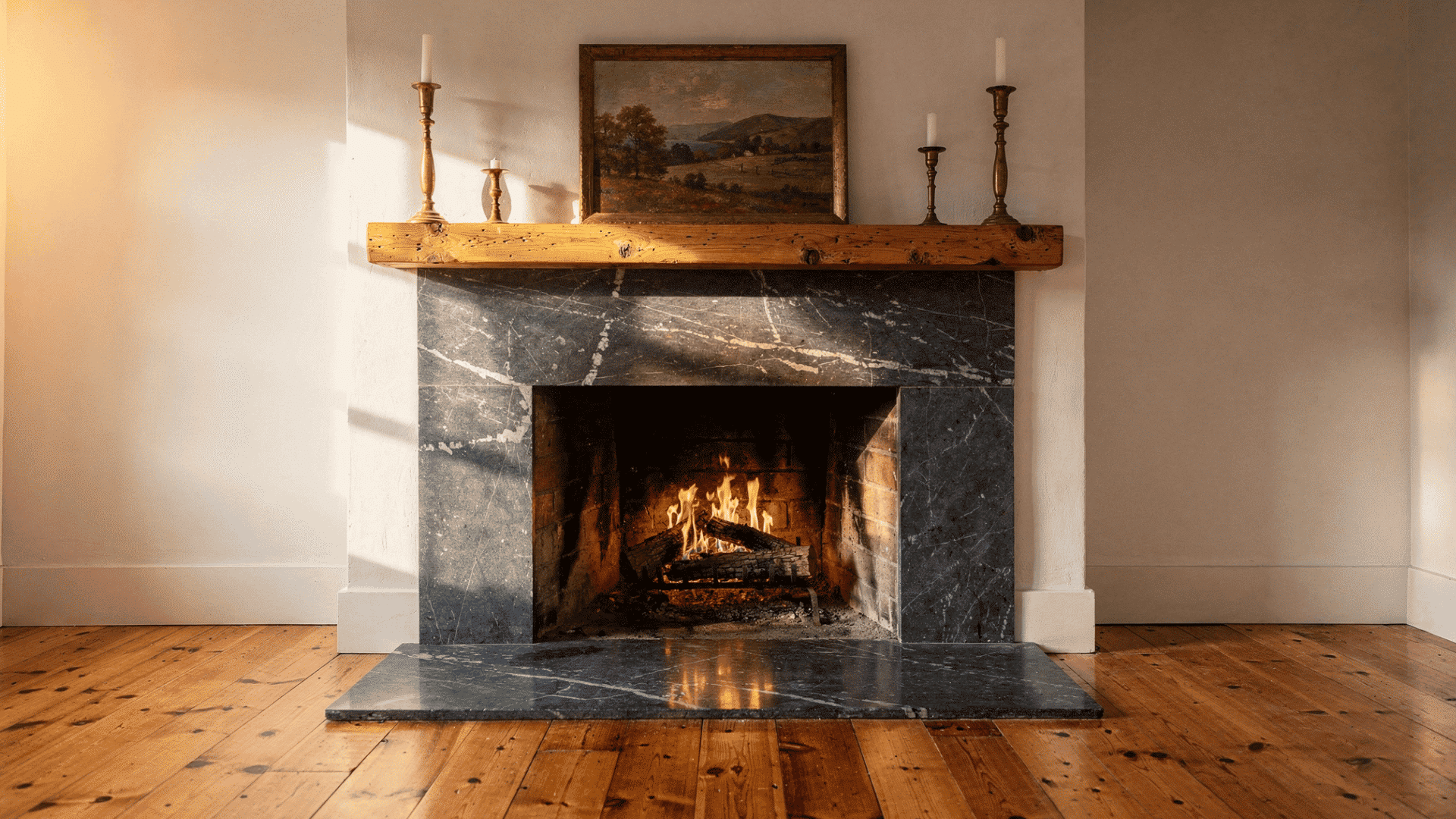 a wood burning fireplace with a dark grey soapstone surround and hearth with a soft matte finish and natural veining topped with a rustic reclaimed timber mantel styled with paired brass candlesti