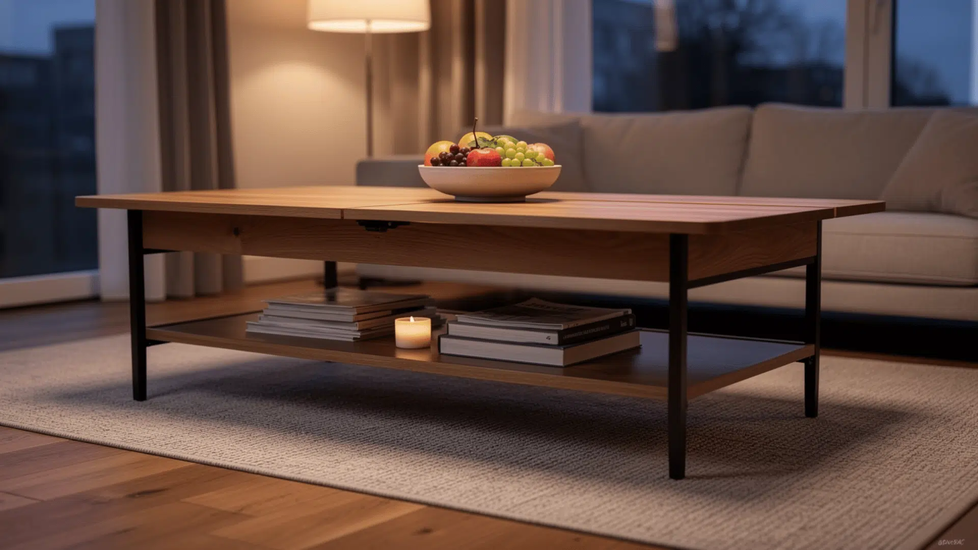 a wooden coffee table with a lower shelf holding books and a candle sitting on a woven rug with a beige sofa in the background