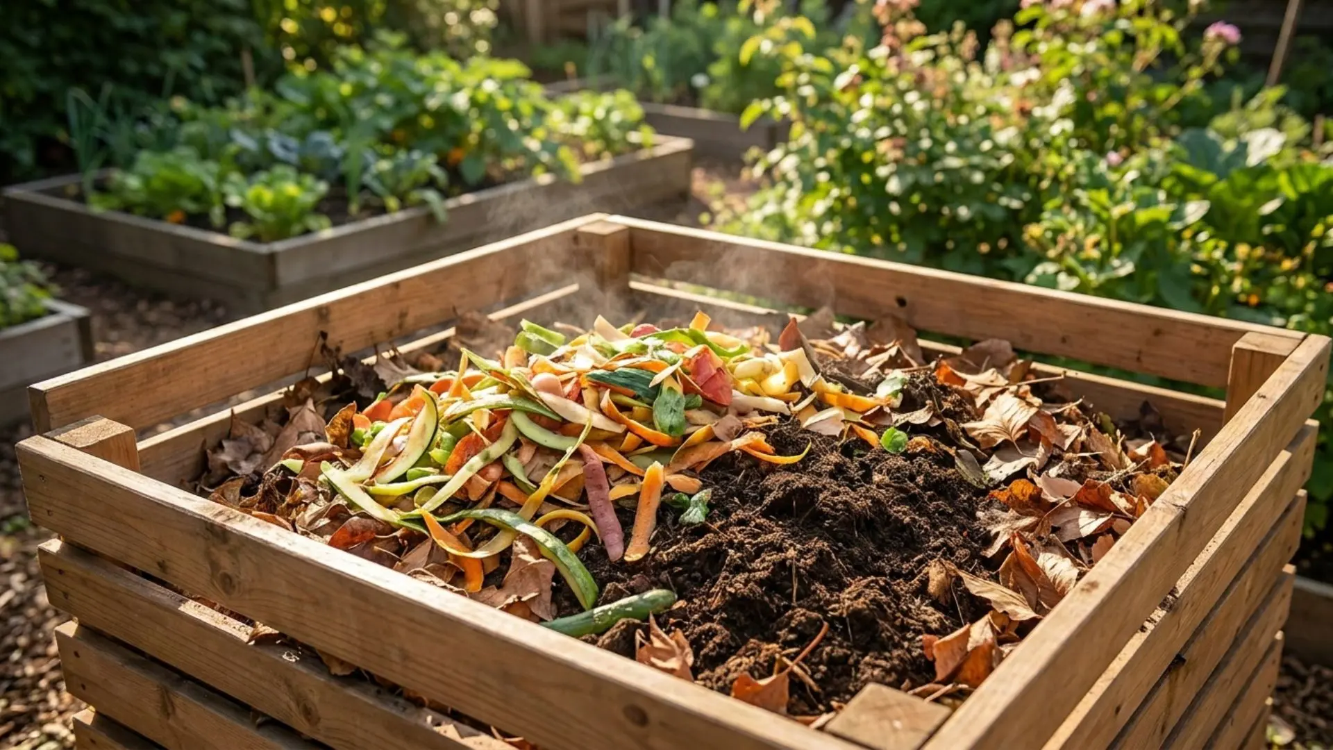 _A wooden compost bin filled with colorful vegetable scraps, dry leaves, and dark soil in a sunny garden background