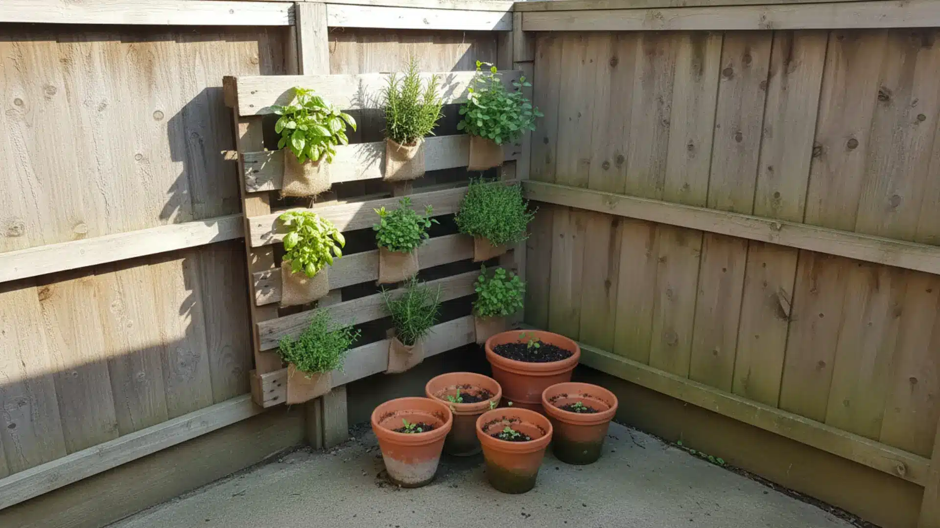 a wooden pallet herb garden fixed to a timber fence with basil rosemary and thyme growing in individual pockets and terra cotta pots on the ground below in natural daylight