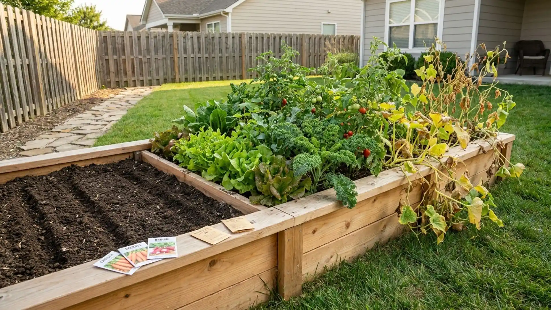 _A wooden raised garden bed divided into sections containing tilled soil with seed packets, lush greens, and some wilting plants