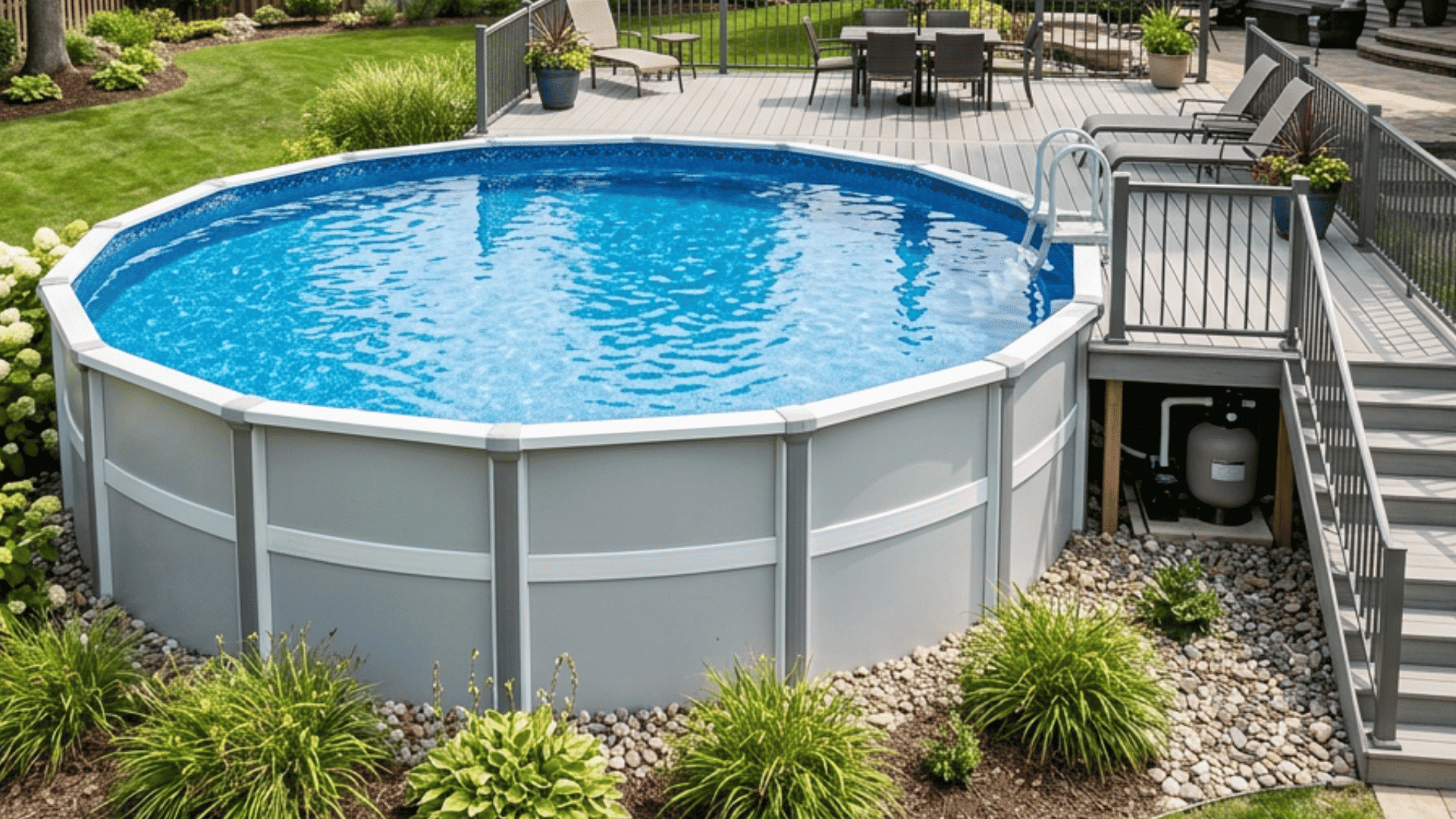 above ground pool with deck stairs and seating in a landscaped backyard with flowers and trees