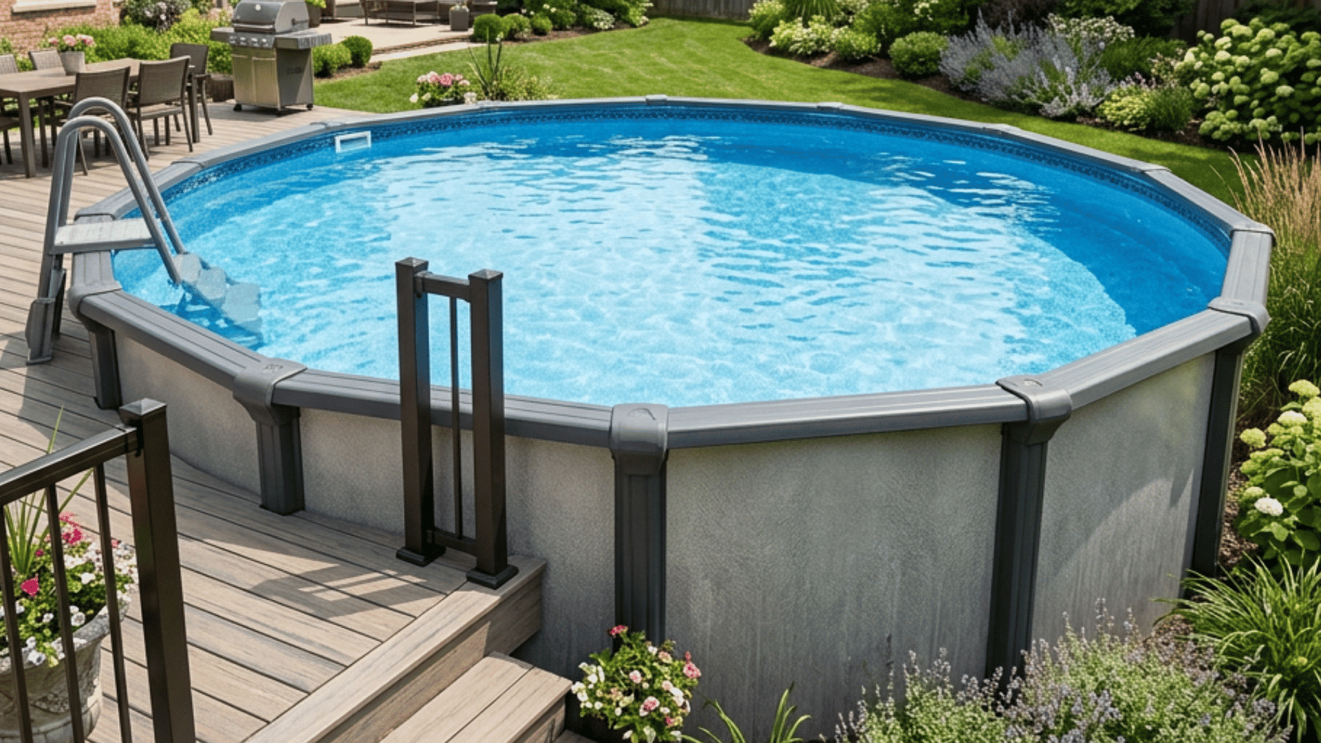 above ground pool with deck steps and ladder in a landscaped backyard with patio seating and garden flowers