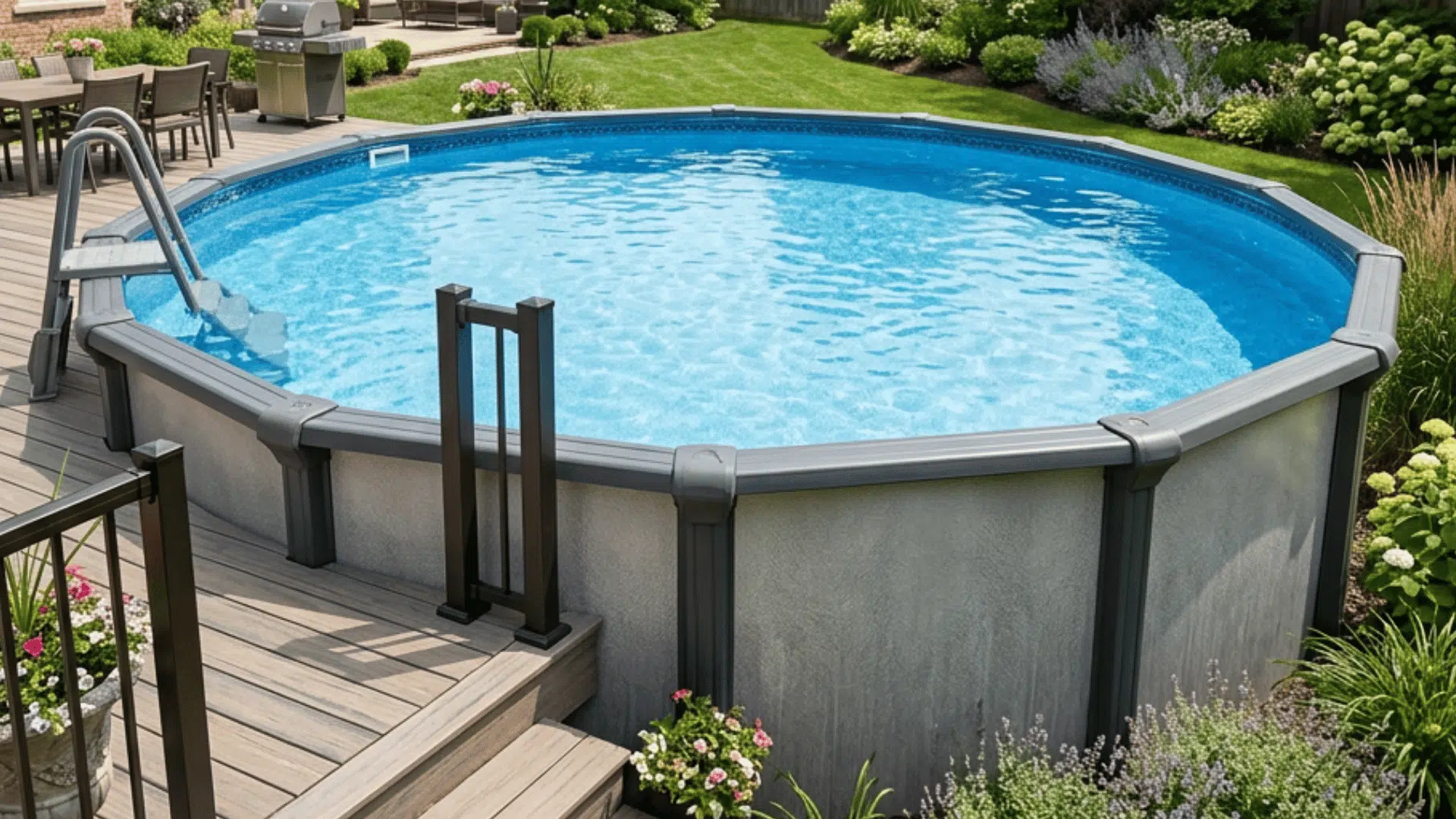above ground pool with deck steps and ladder in a landscaped backyard with patio seating and garden flowers