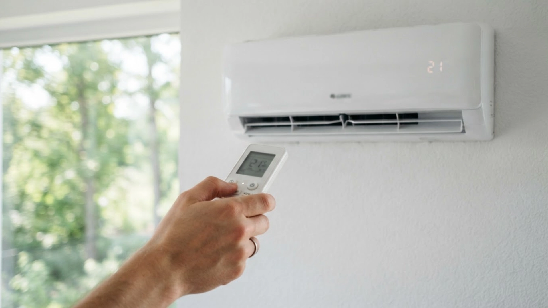 hand holding remote control to adjust wall-mounted air conditioner set to 21 degrees