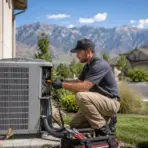 Technician repairing air conditioning unit outdoors with mountains in the background