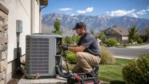 Technician repairing air conditioning unit outdoors with mountains in the background