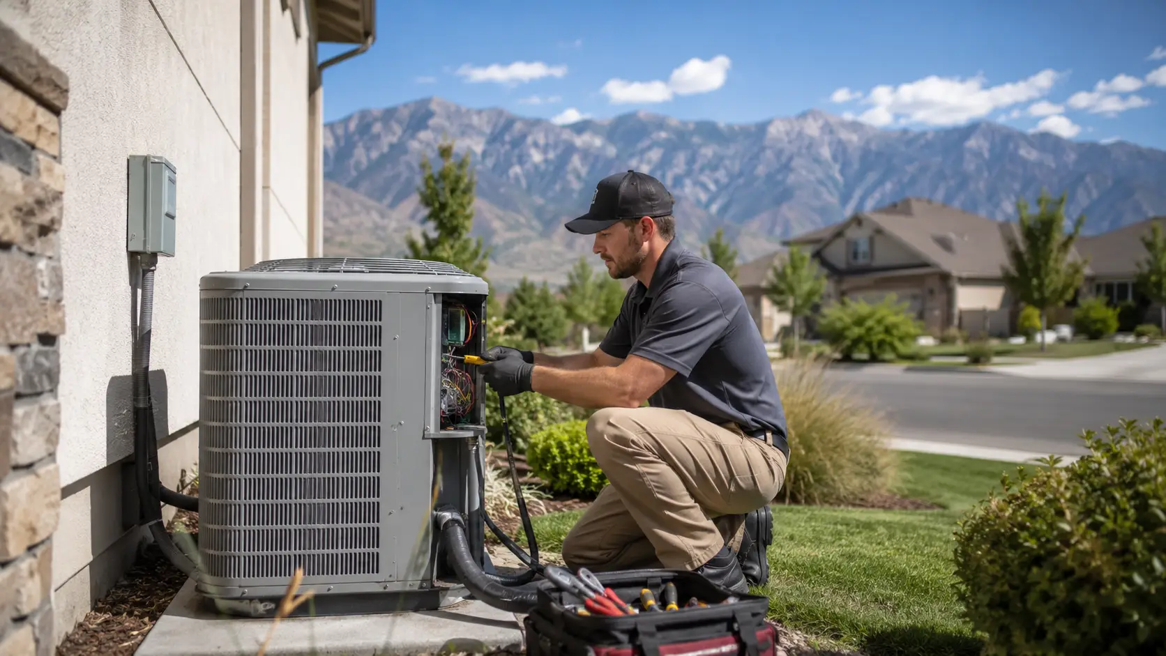 Technician repairing air conditioning unit outdoors with mountains in the background