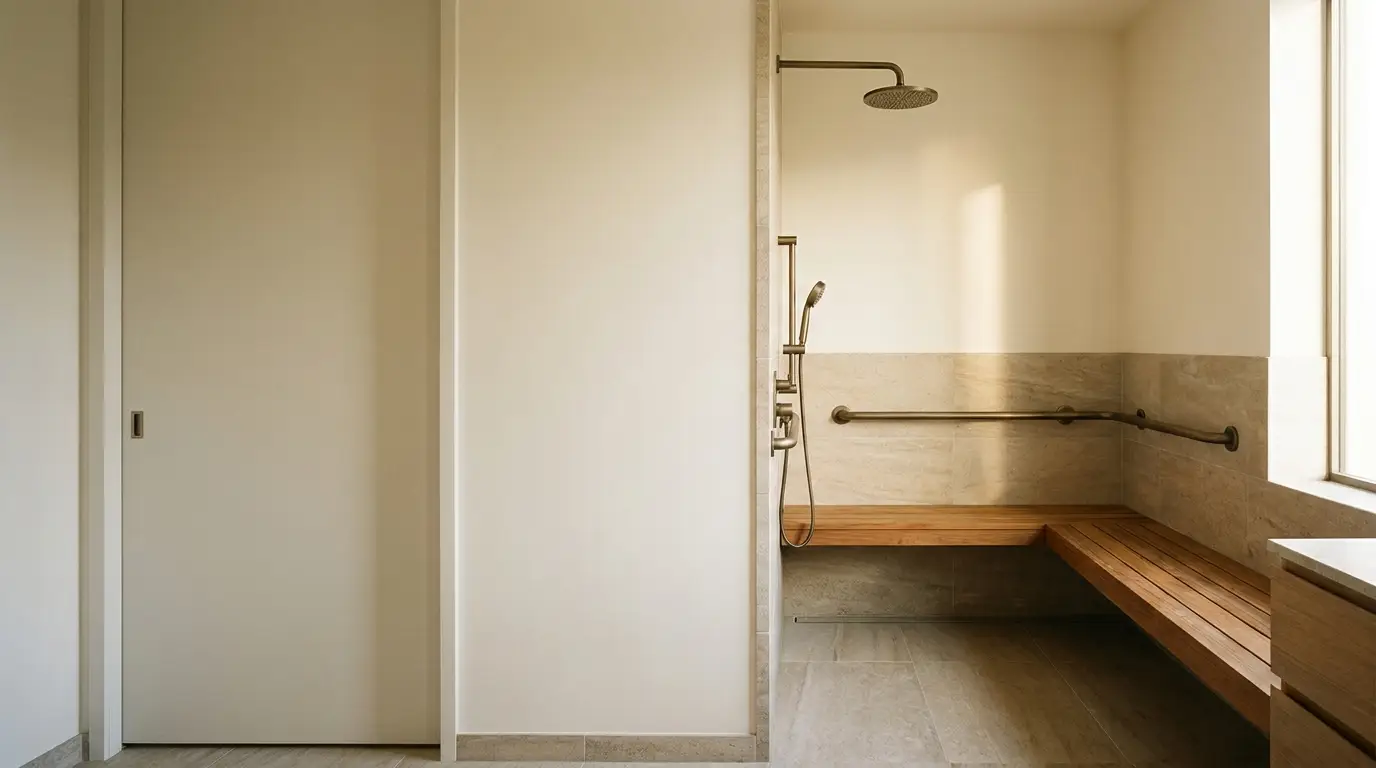 Walk-in shower with wooden bench and stainless steel fixtures in minimalist bathroom