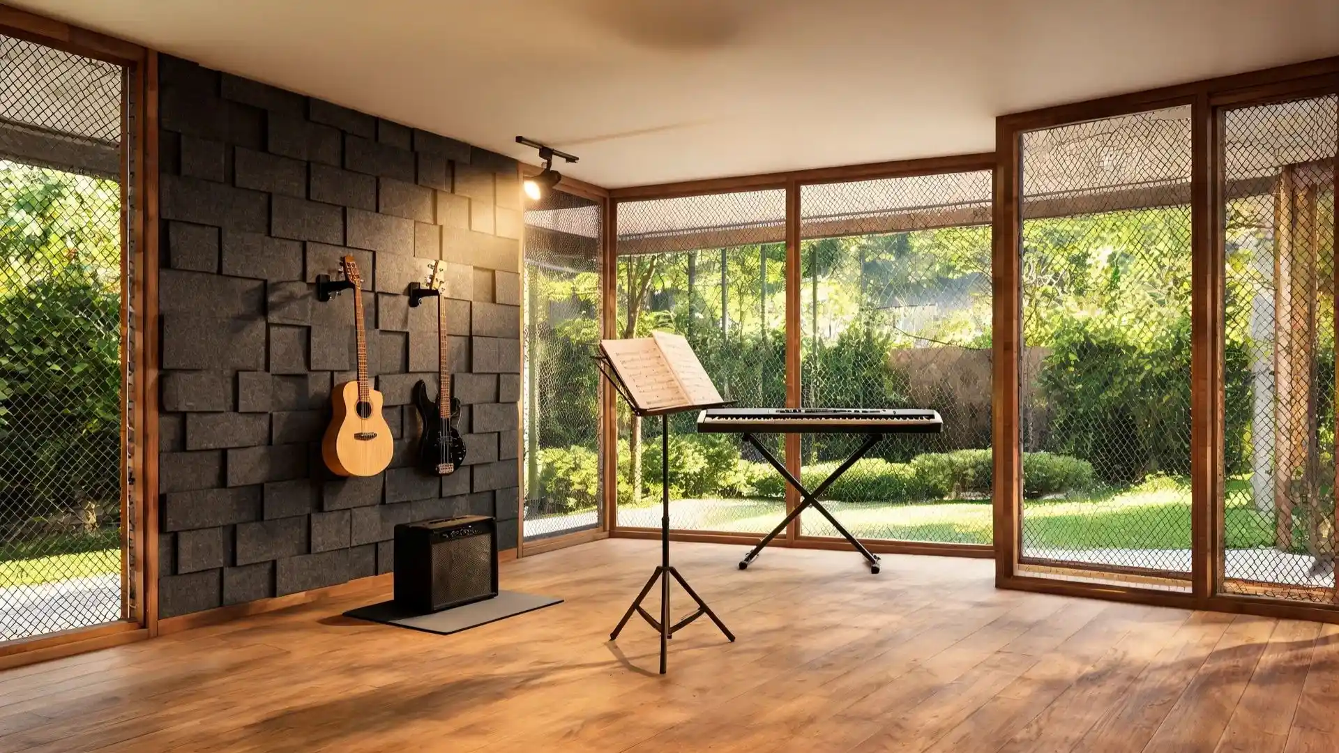 acoustic guitar and bass mounted on charcoal felt wall panels beside a keyboard stand on warm wood floor