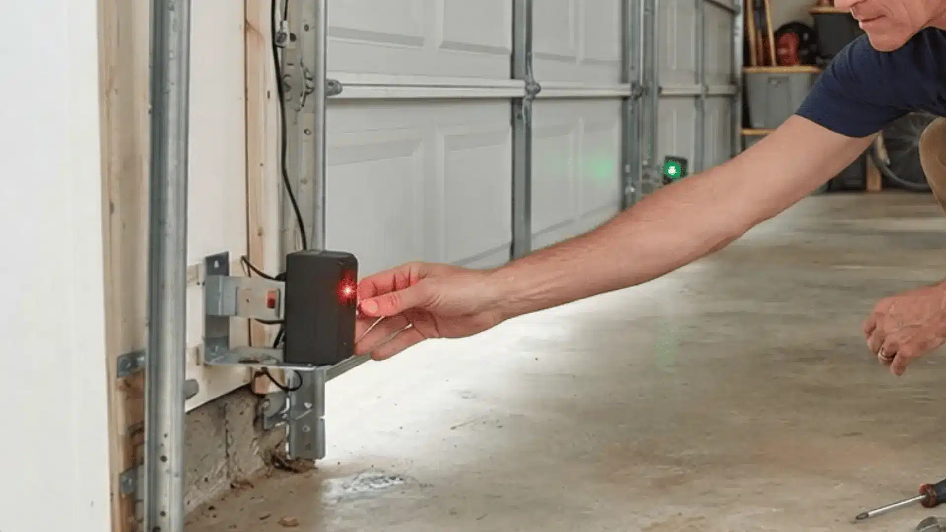 a man presses a red lighted garage door sensor mounted near the lower track while kneeling on the floor