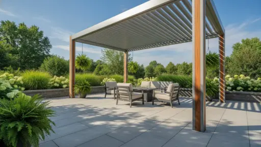 Outdoor patio with modern pergola, cushioned seating, and lush greenery on sunny day