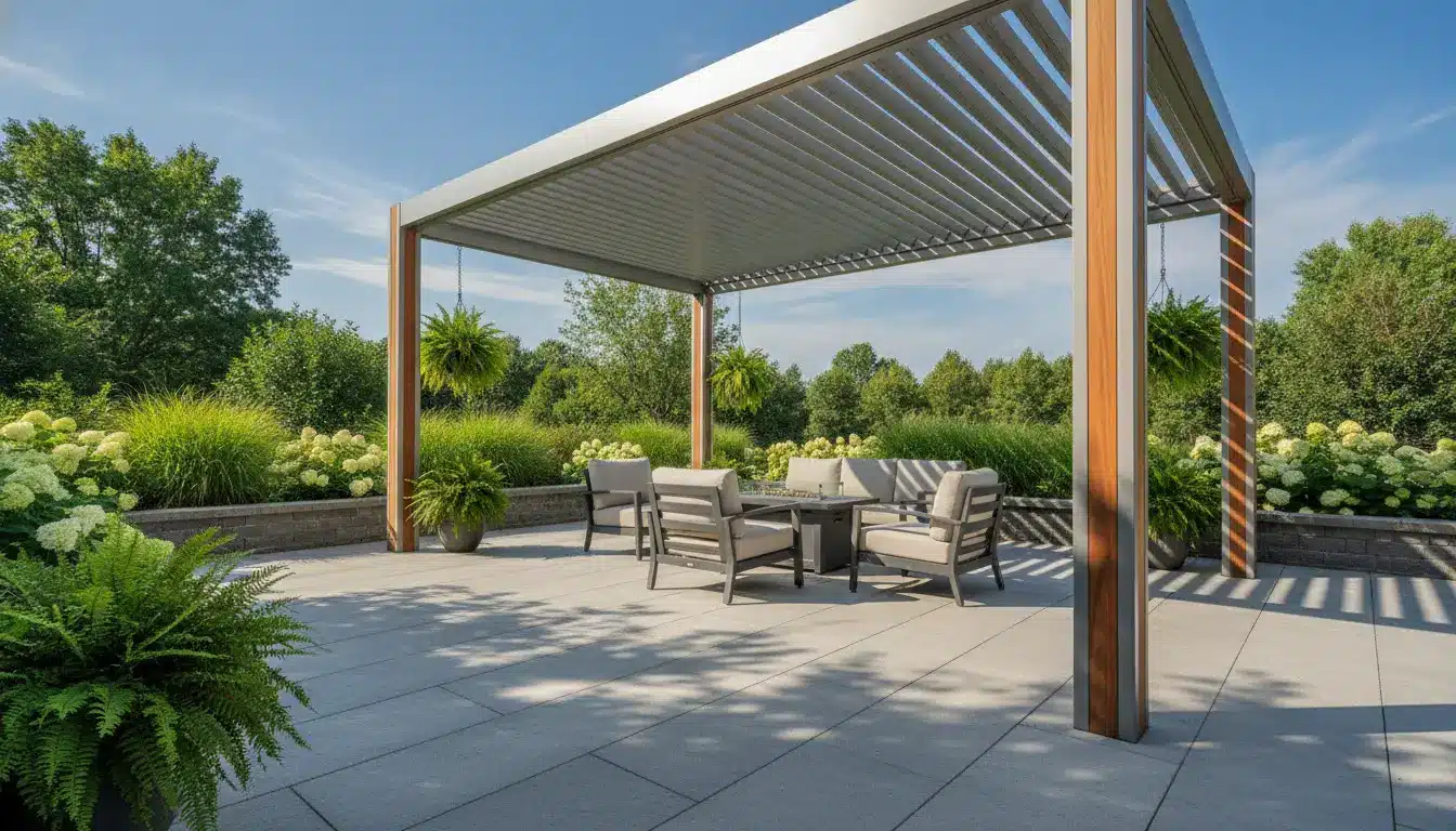 Outdoor patio with modern pergola, cushioned seating, and lush greenery on sunny day