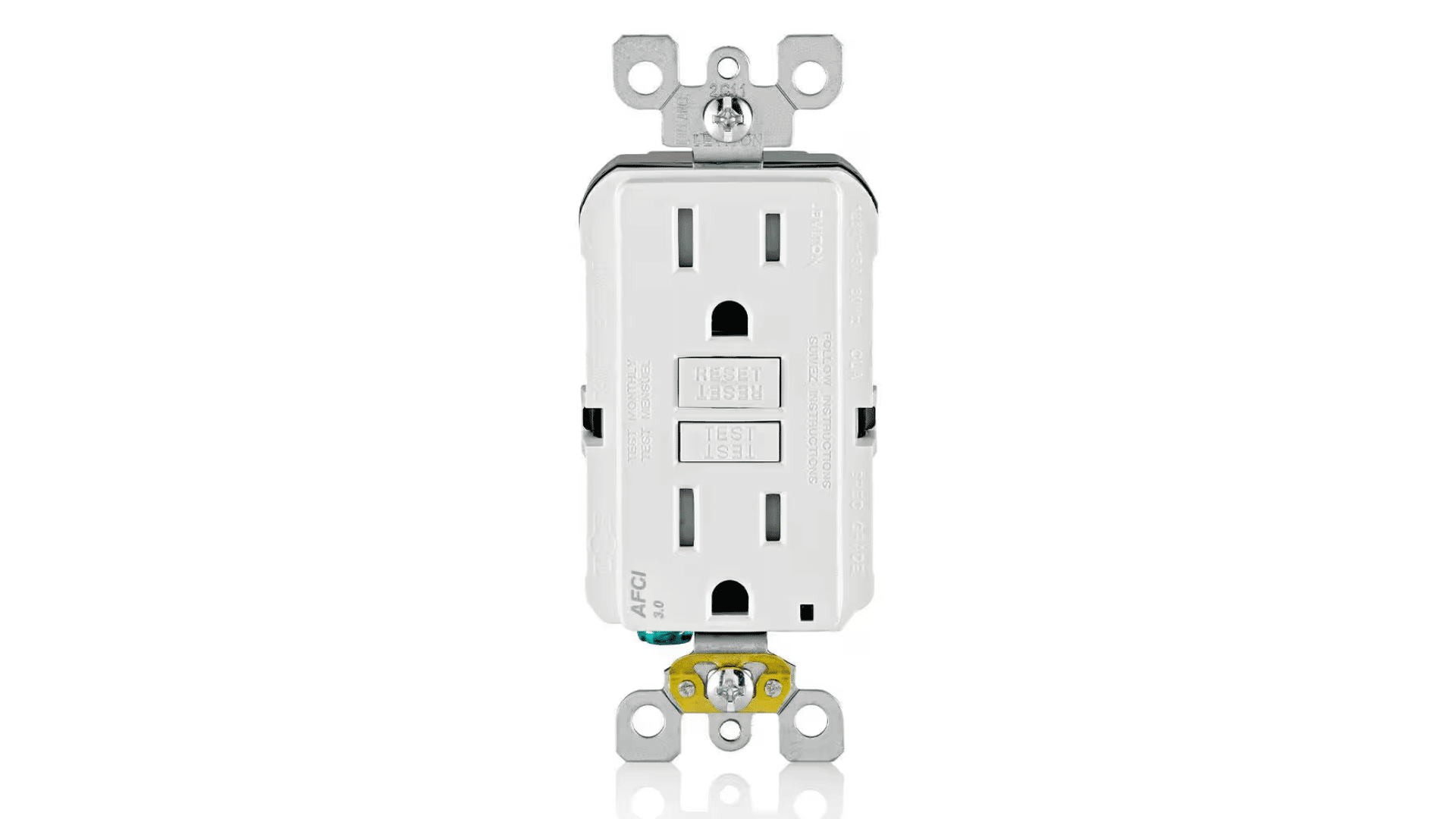afci outlet in white background with white reset and test buttons and a golden breaker on the bottom