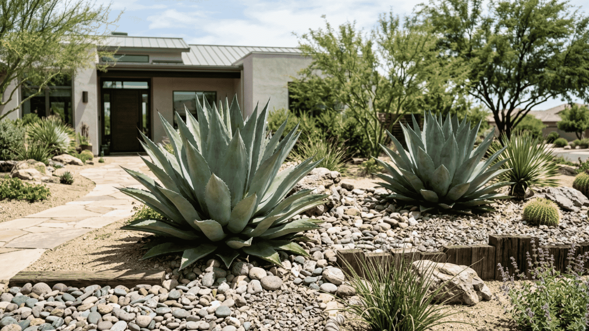 Agave large sculptural agave plants in modern desert style rock garden under sunlight
