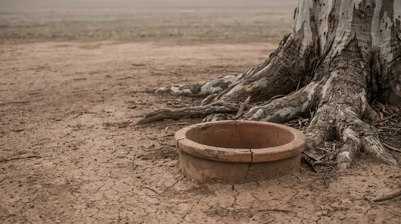 Large tree roots and empty clay pot on dry, cracked soil in outdoor setting