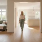 Woman walking in bright, modern living room with green sofa and wooden coffee table