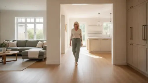 Woman walking in bright, modern living room with green sofa and wooden coffee table