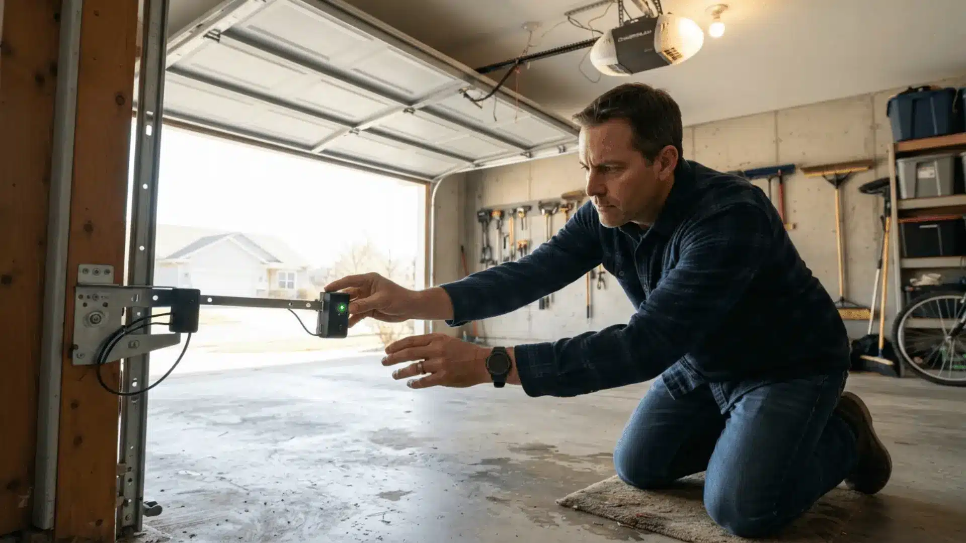 a man kneels in an open garage and adjusts a green lighted door sensor mounted on a metal bracket