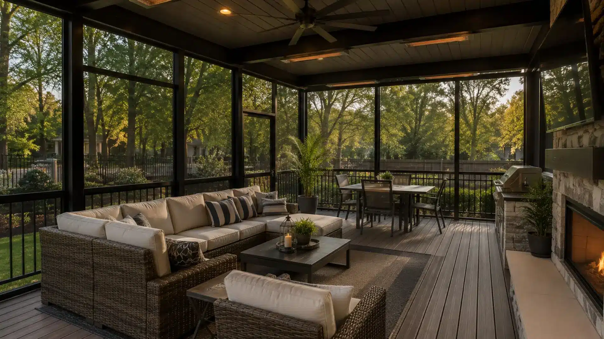 wicker sectional sofa with cream cushions beside a dark coffee table and a stone fireplace on composite deck