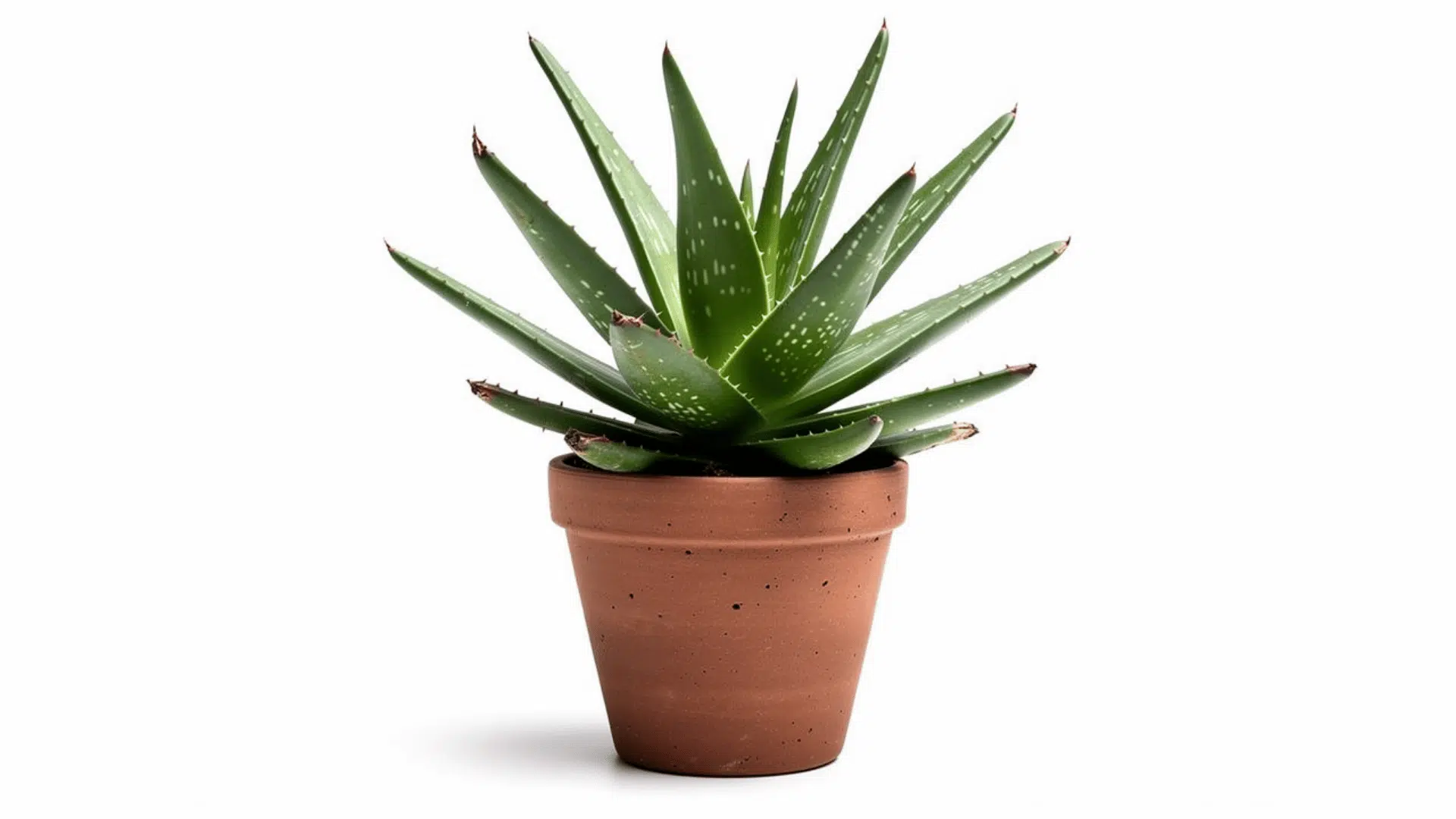 aloe vera plant with thick spiky green leaves and white spots growing in a small terracotta pot on a white background