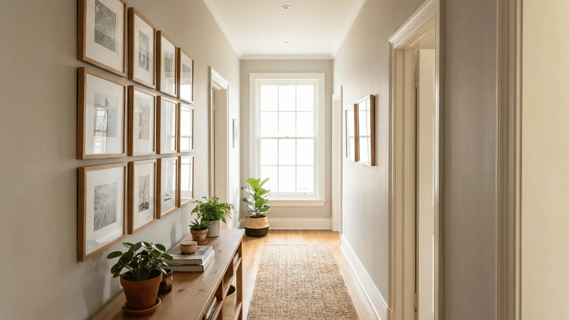 alternating gallery wall with horizontal and vertical frames arranged symmetrically