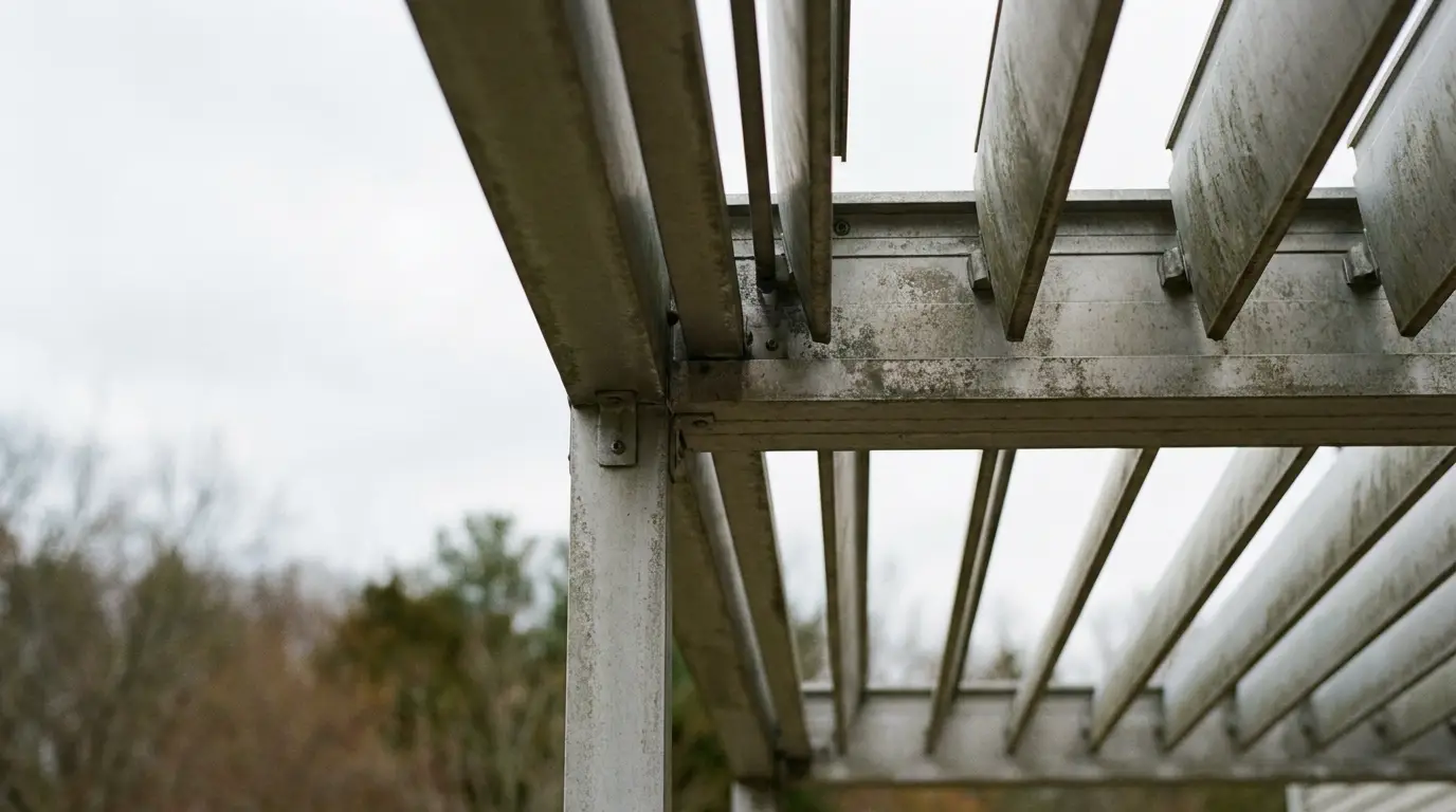 Metal pergola structure with horizontal beams against cloudy sky in an outdoor setting