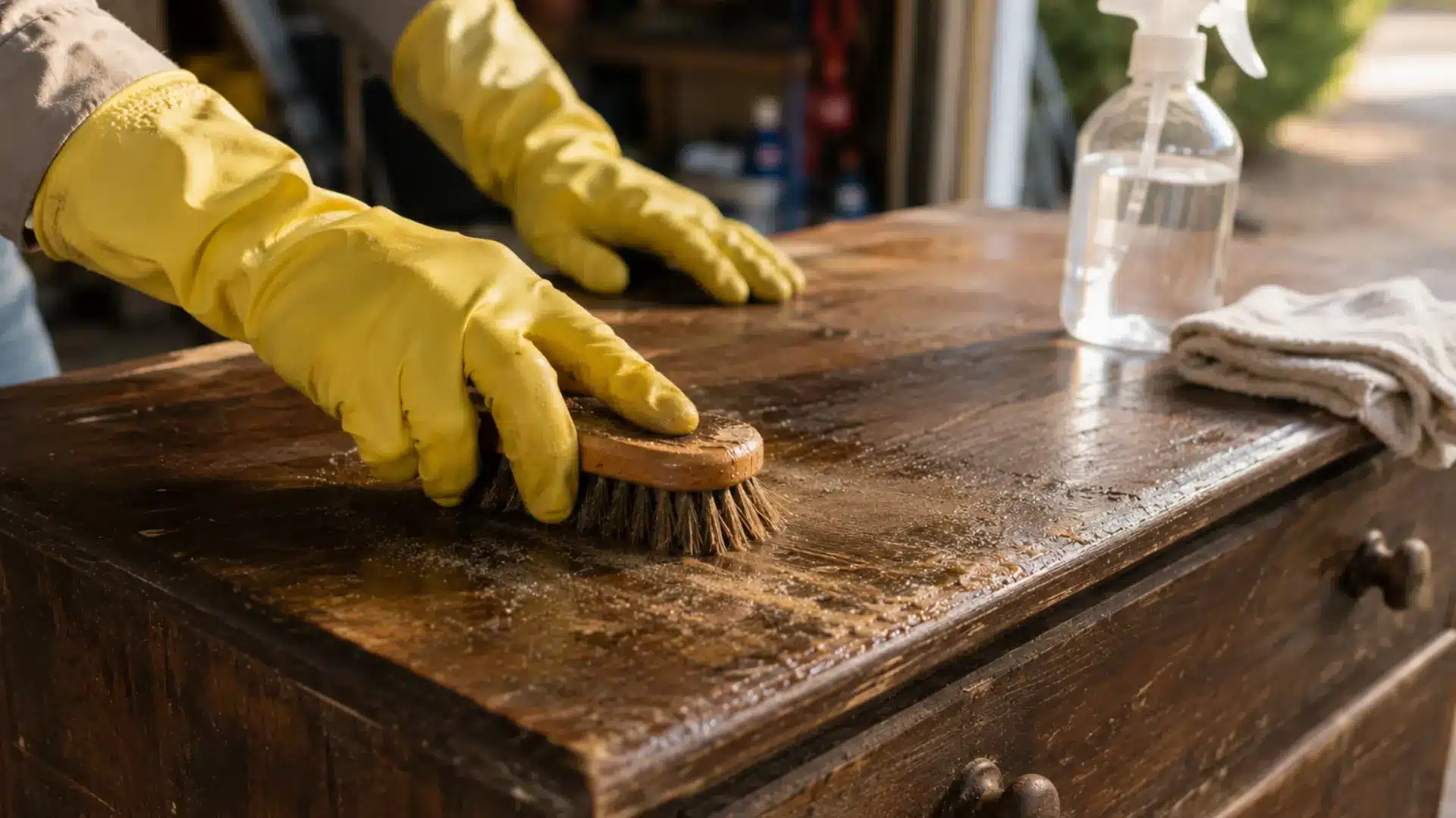 a realistic close-up lifestyle photograph of a pair of hands wearing yellow rubber gloves scrubbing the surface of an old wooden dresser with a stiff bristle brush, a spray bottle filled with clear liquid and a folded rag sitting on the dresser top nearby, the dresser showing an aged dark brown finish with visible grime in the crevices, warm natural light coming from a nearby window, and a blurred garage workspace visible softly in the background