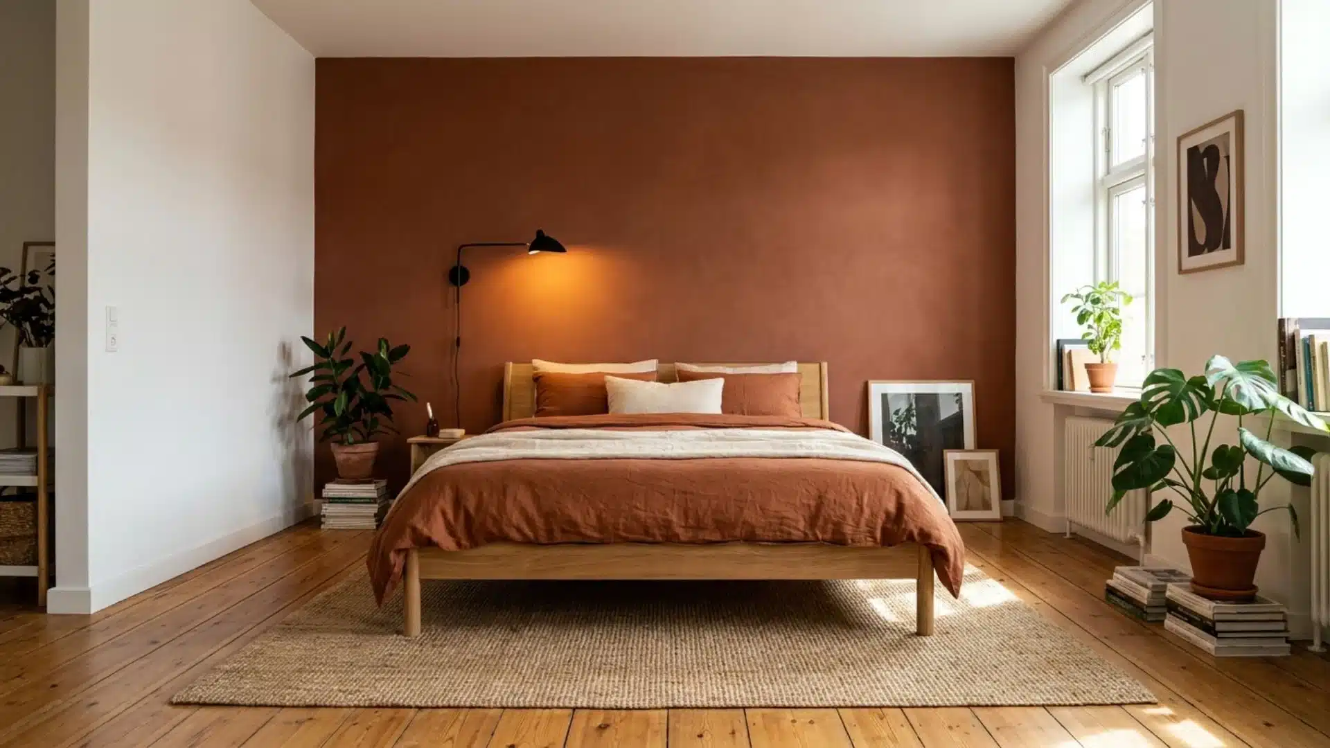 a warm terracotta accent wall frames the bed area with soft lighting, plants, and minimal bedroom furniture