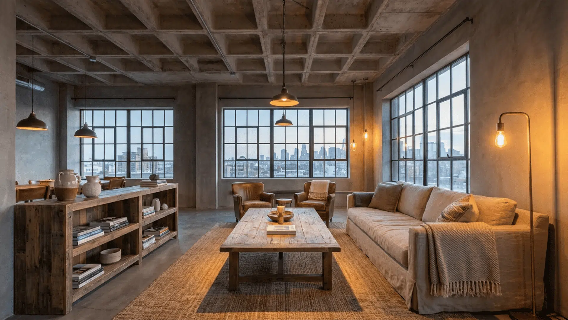 An industrial loft living room with exposed concrete ceiling. Raw grey tones, natural textures, timber furniture and warm light to balance cool concrete, realistic shadows, contemporary urban vibe