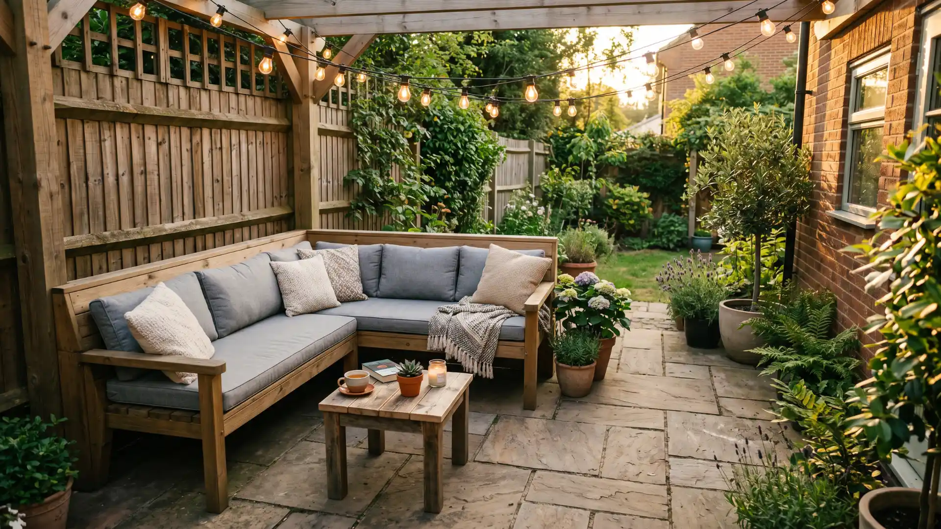 an l-shaped wooden corner bench with grey cushions tucked into a fence corner on a small patio with a coffee table and string lights above