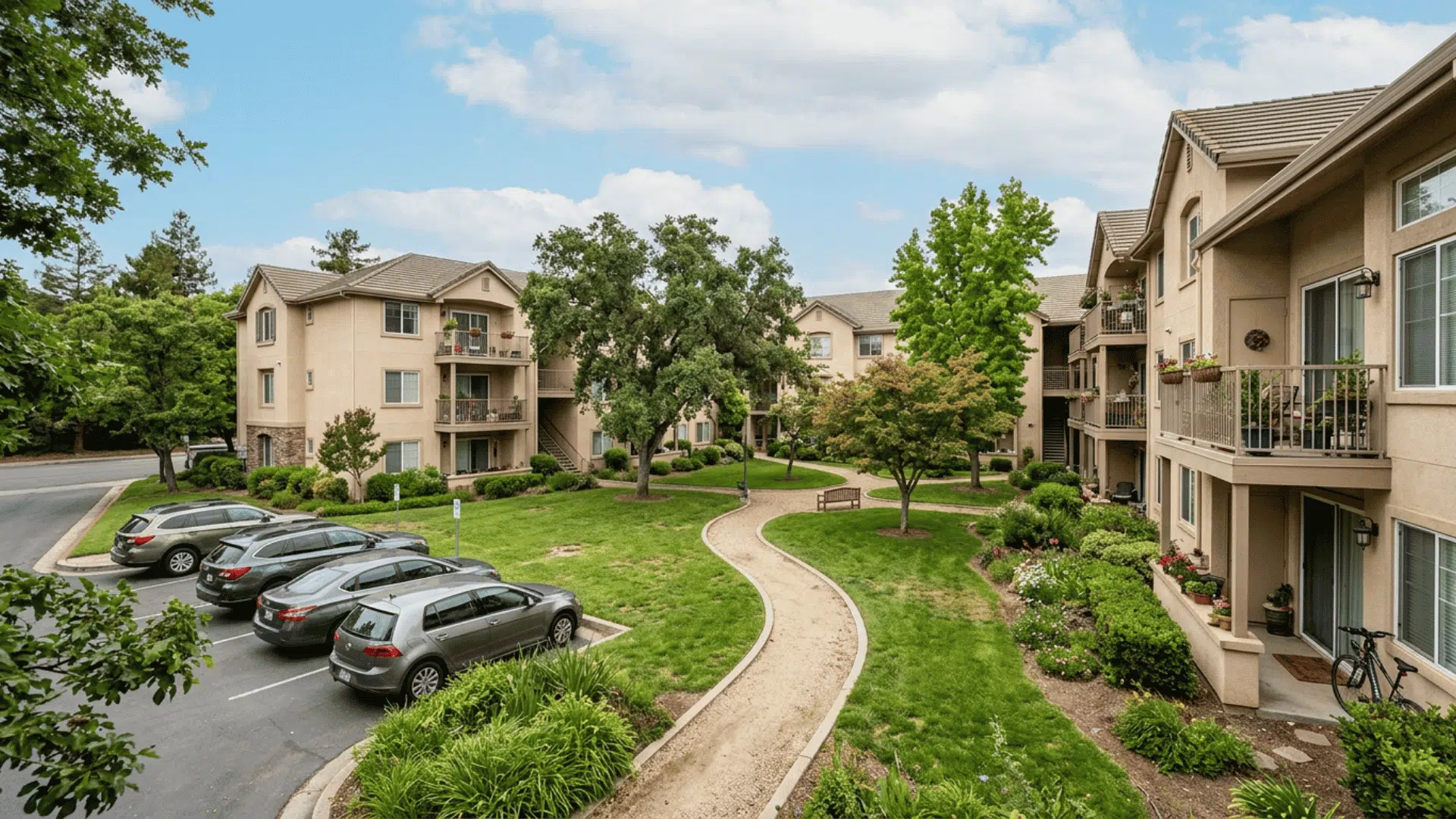 apartment courtyard with balconies parked cars green lawn curved walkway mature trees shrubs and garden beds