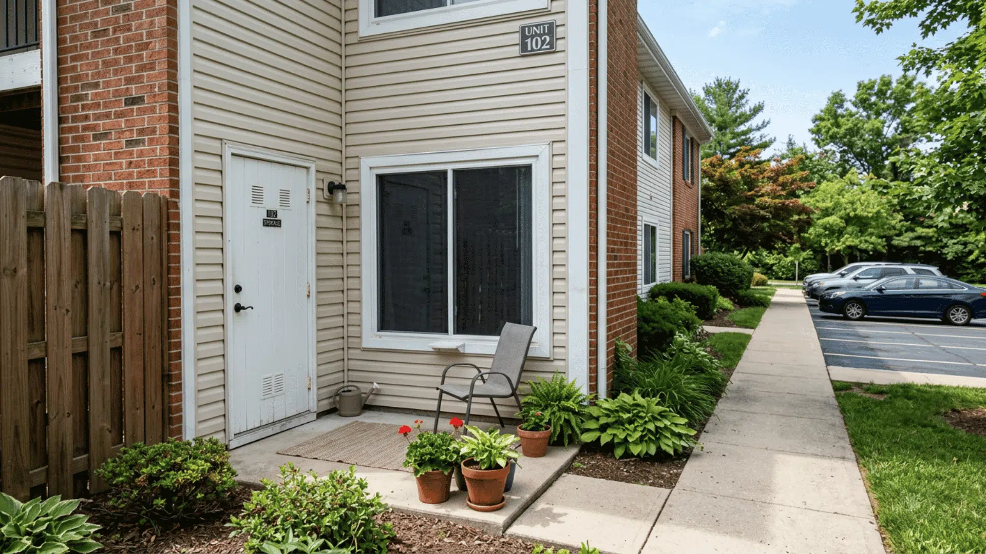 apartment entry patio with white door chair potted flowers sidewalk garden bed and parked cars nearby