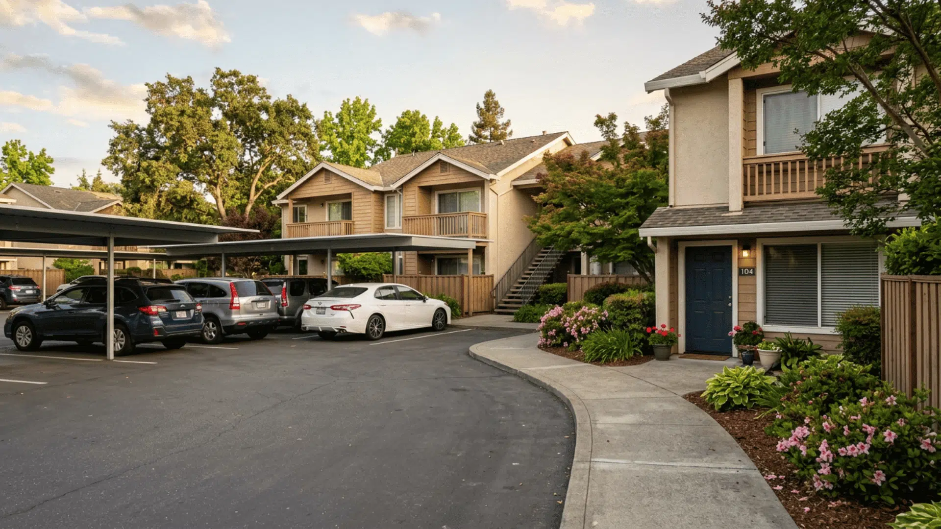 apartment parking area with covered carports parked cars balconies blue front door and colorful garden beds