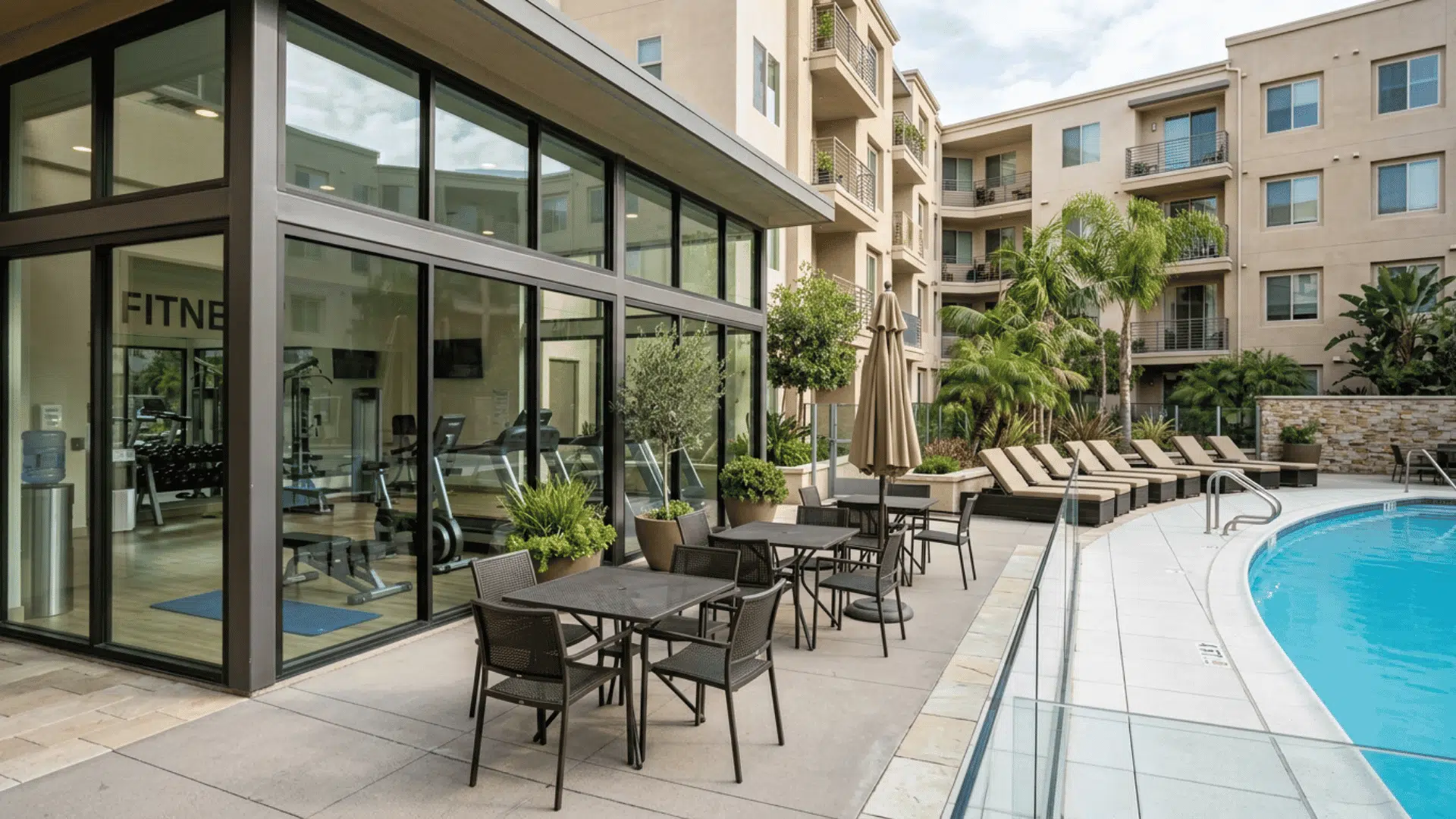 apartment pool courtyard with glass fitness center patio tables lounge chairs palm trees and balconies above