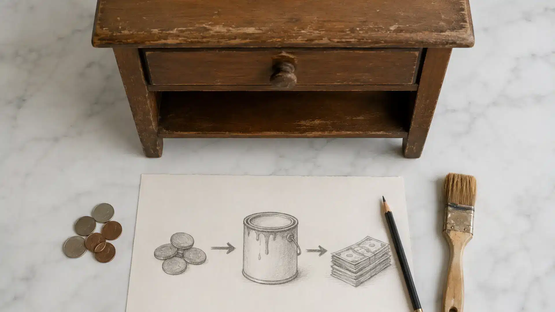 a top-down flat lay on a clean white marble surface showing a small worn wooden side table at the top of the frame and below it a simple hand drawn pencil diagram on unlined paper with three arrows pointing from a small coin pile to a paint can icon to a stack of folded bills illustrating the buy to profit flow of furniture flipping, with a pencil resting beside the paper and a few coins and a small paintbrush completing the composition