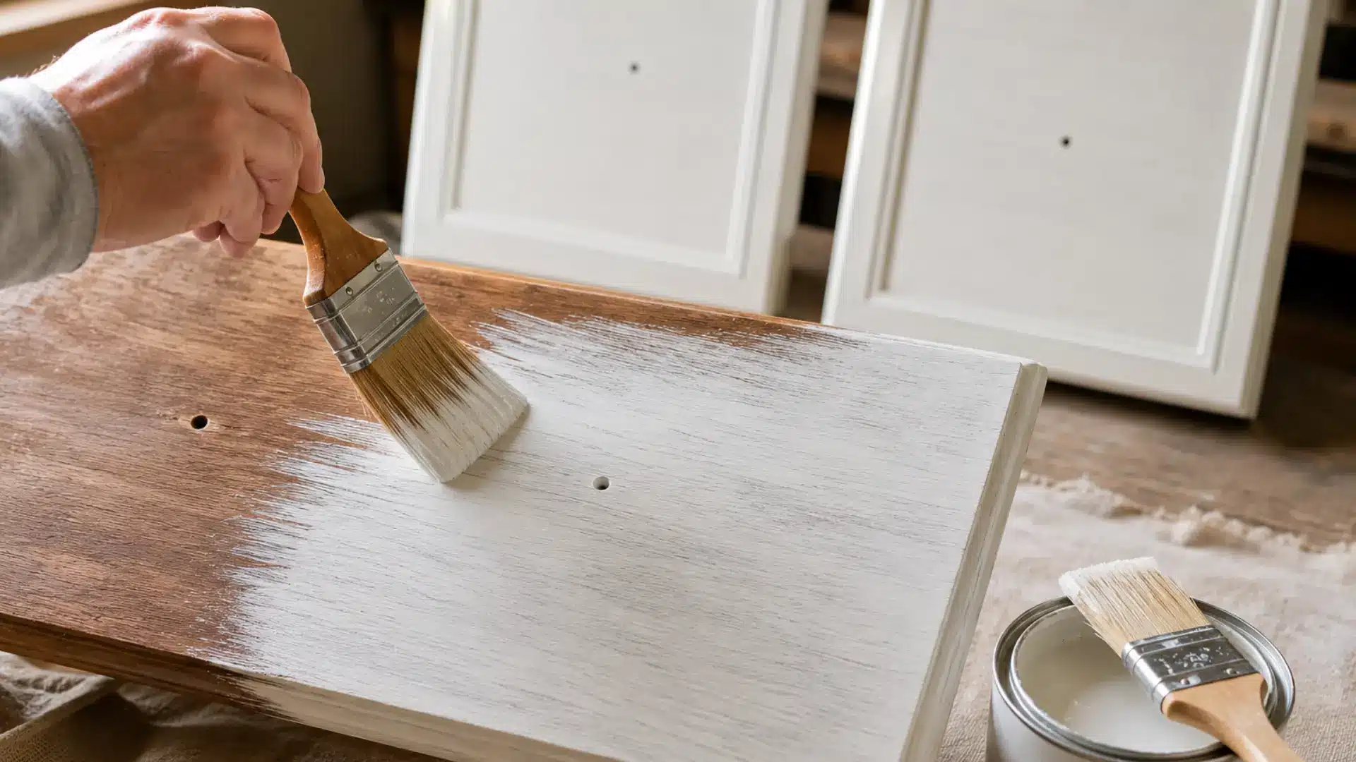 a realistic close-up lifestyle photograph of a hand using a wide flat brush to apply a thin smooth coat of white chalk paint onto a wooden dresser drawer front, the coat visibly thin and even with the wood grain faintly showing through underneath, two previously painted drawer fronts propped up and drying in soft focus in the background, a small open paint tin sitting nearby with a clean brush resting across it, all under warm natural side lighting