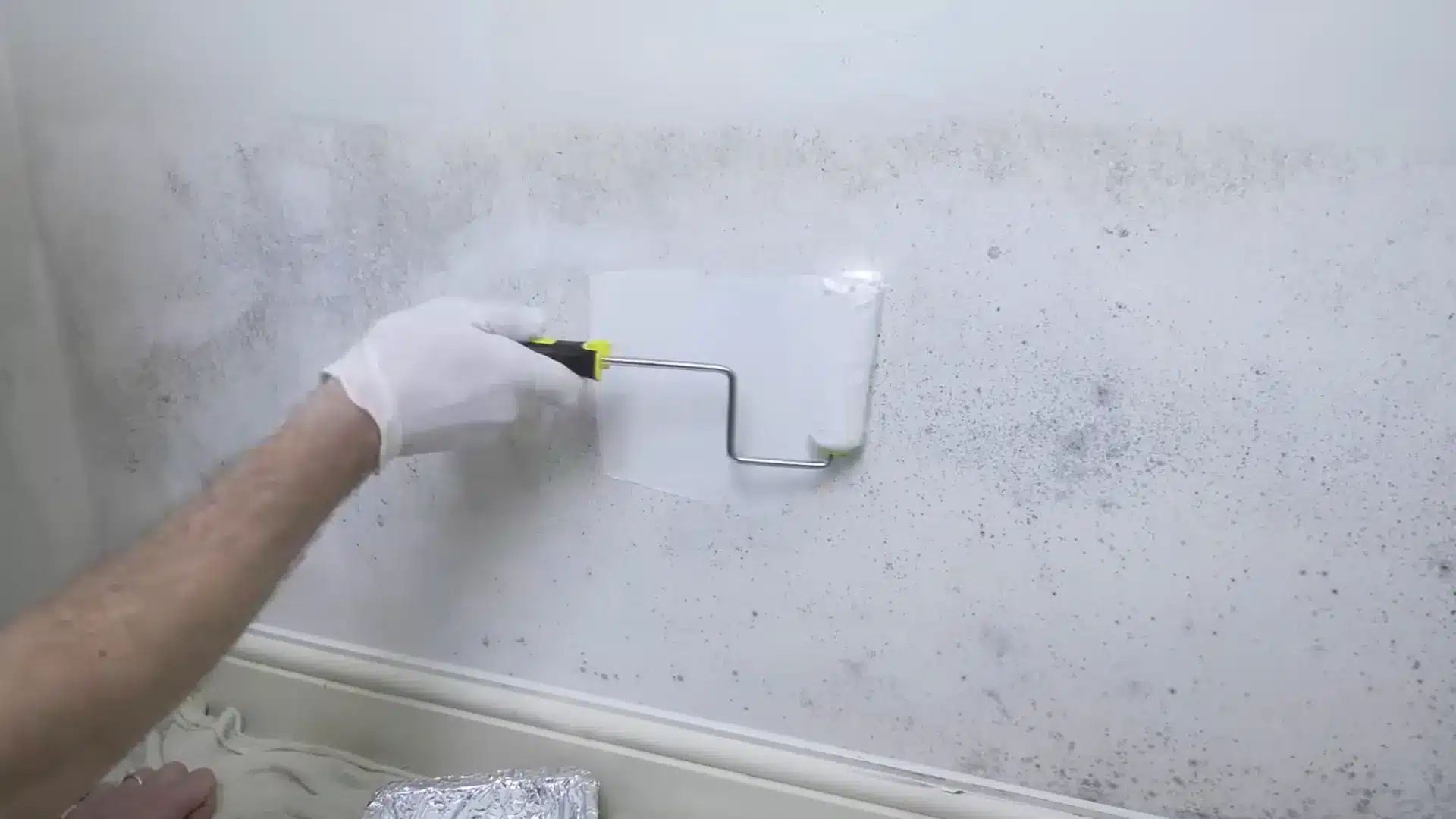 gloved hand applying white primer on the now less moldy wall to make space to put on the paint on the wall