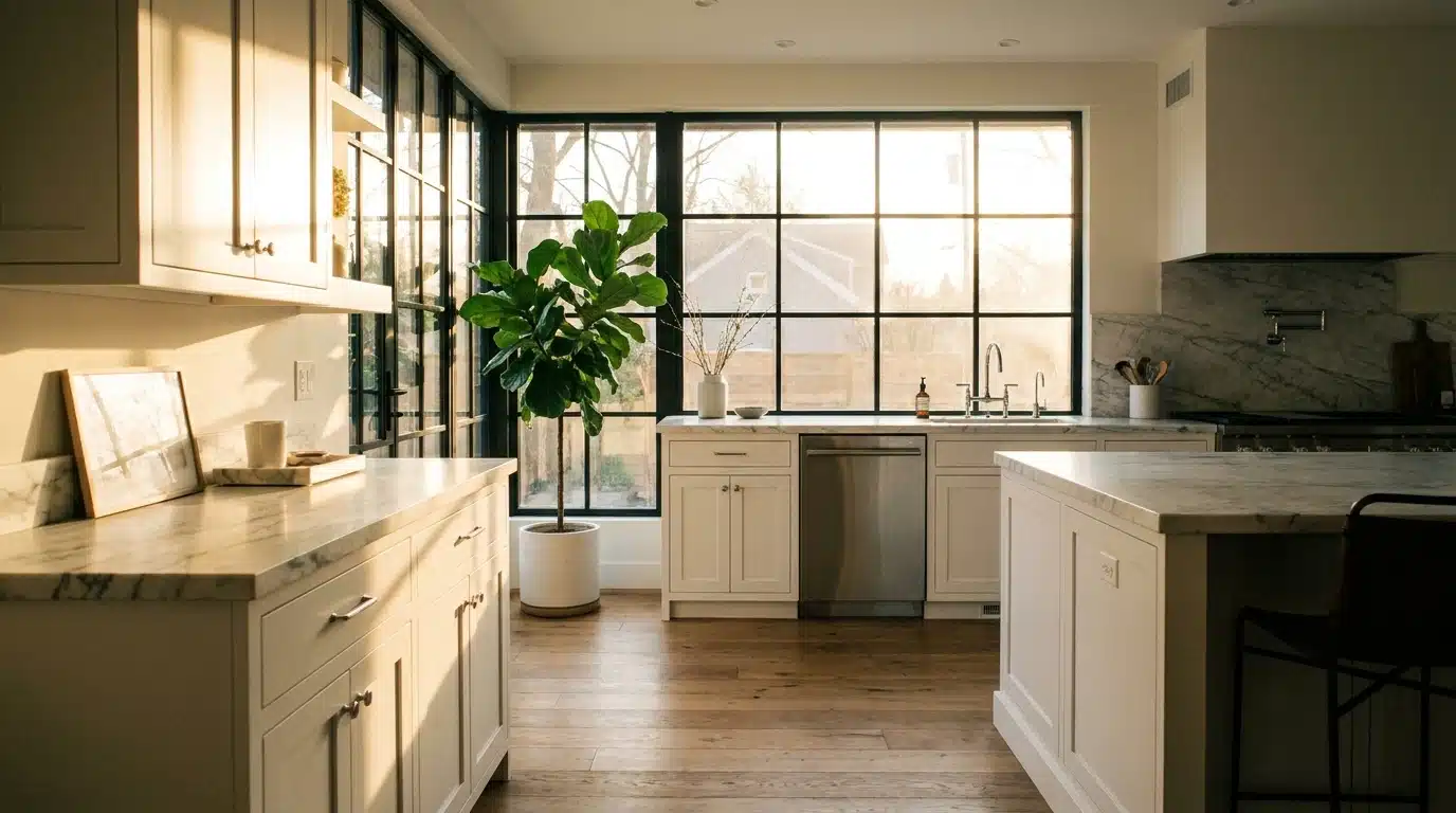 Architectural black metal window frames against white kitchen walls with natural sunlight
