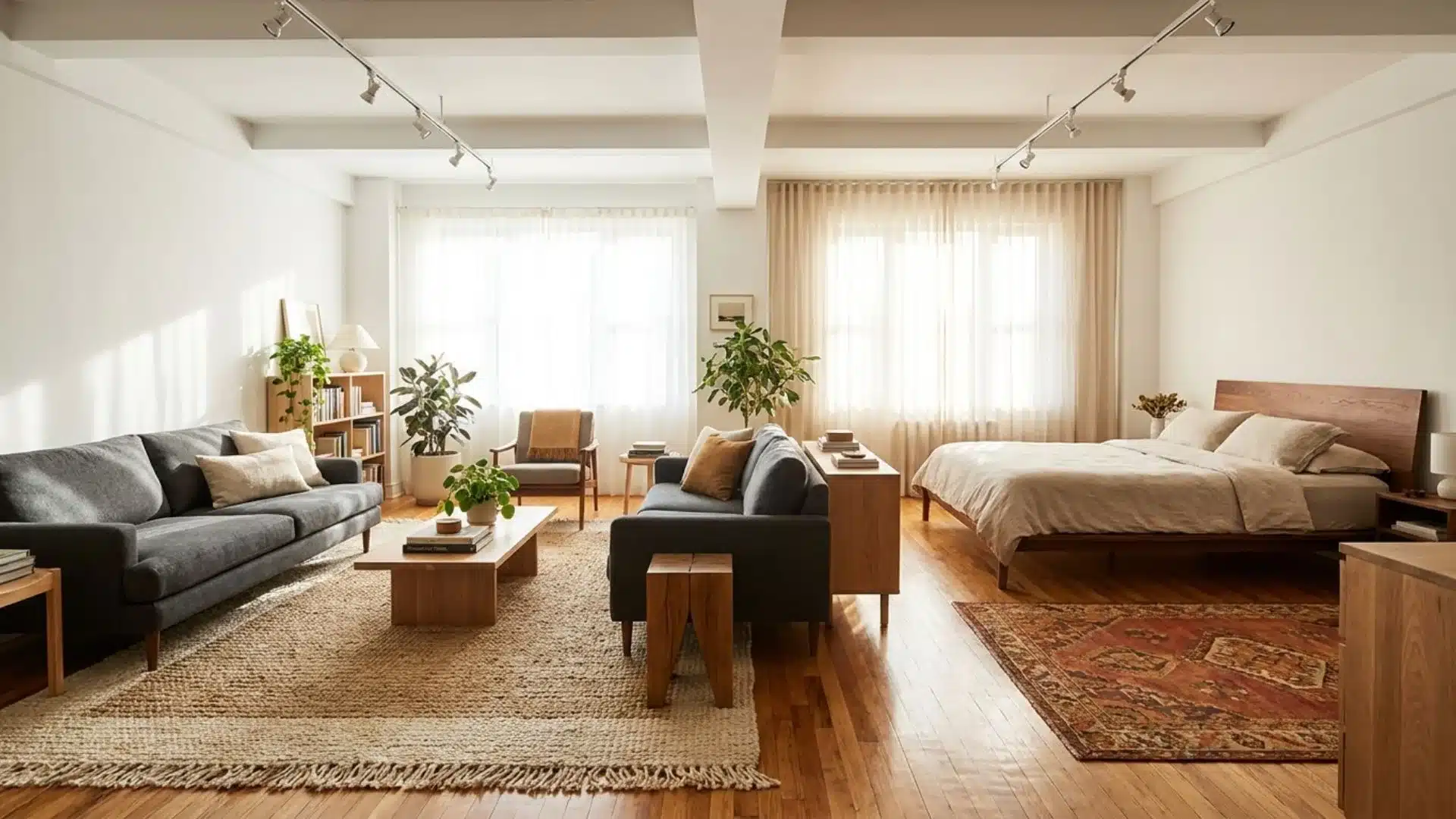 Large area rugs define separate living and sleeping zones in a bright open studio apartment interior design