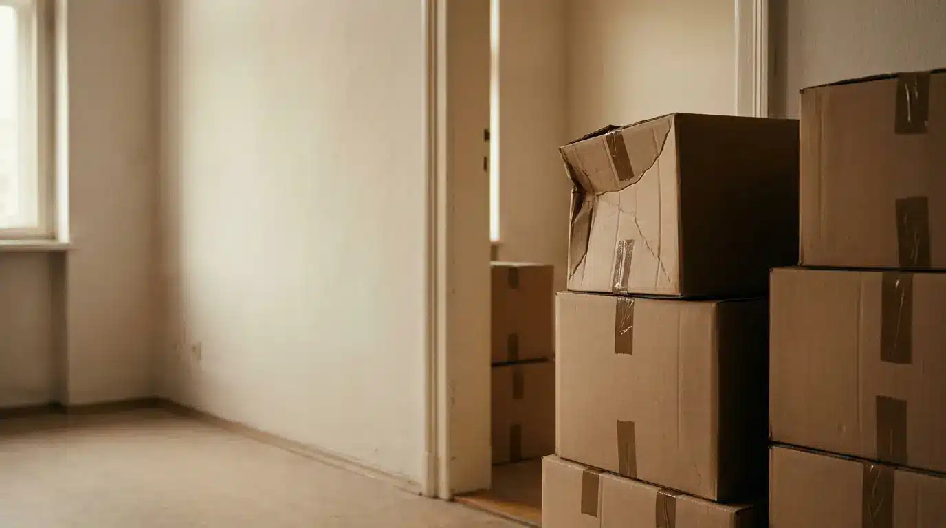 Stacked cardboard boxes in an empty room with beige walls and a window