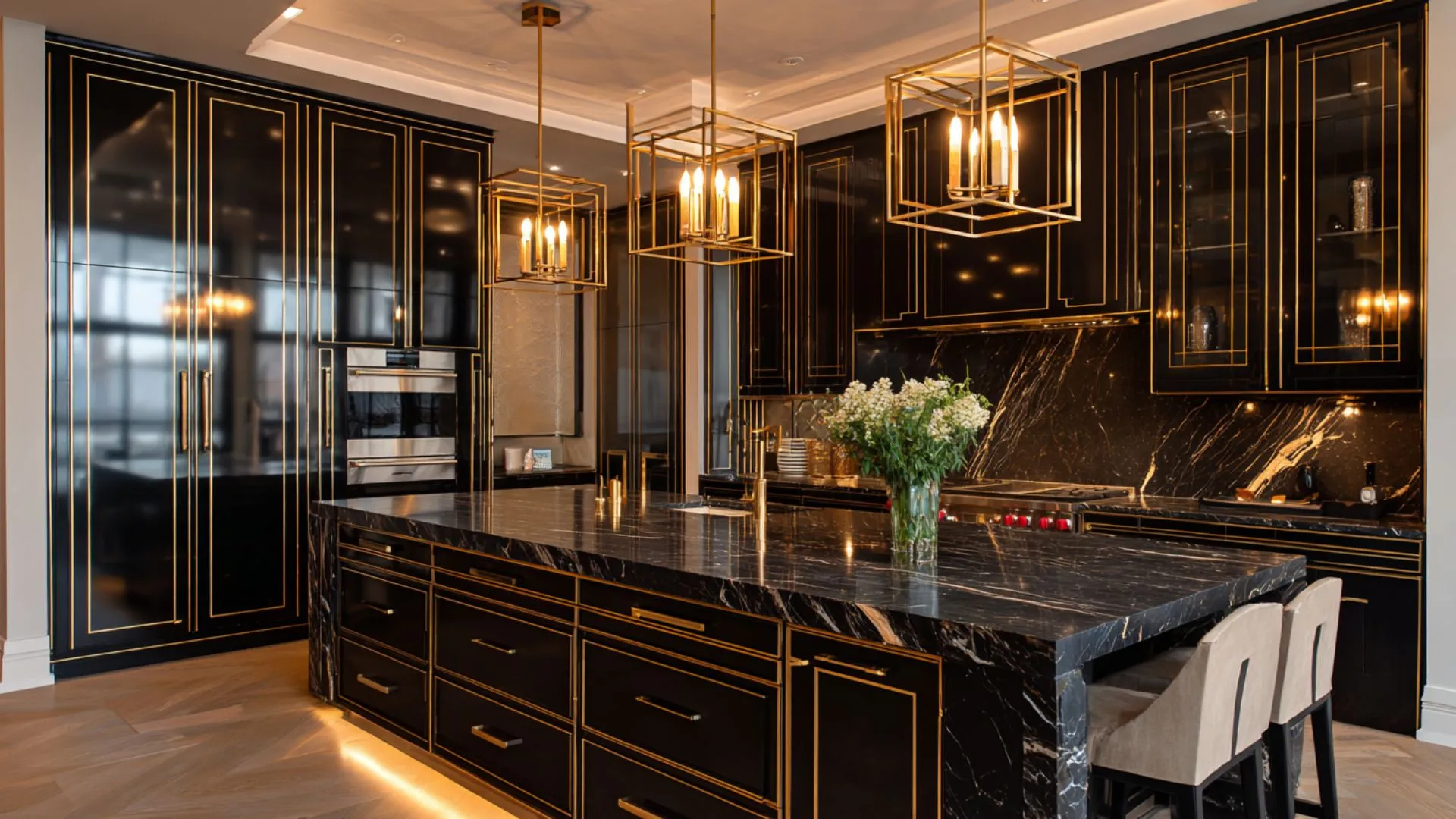 art deco kitchen island with black lacquer cabinet doors, gold inlay trim detail and black veined marble top