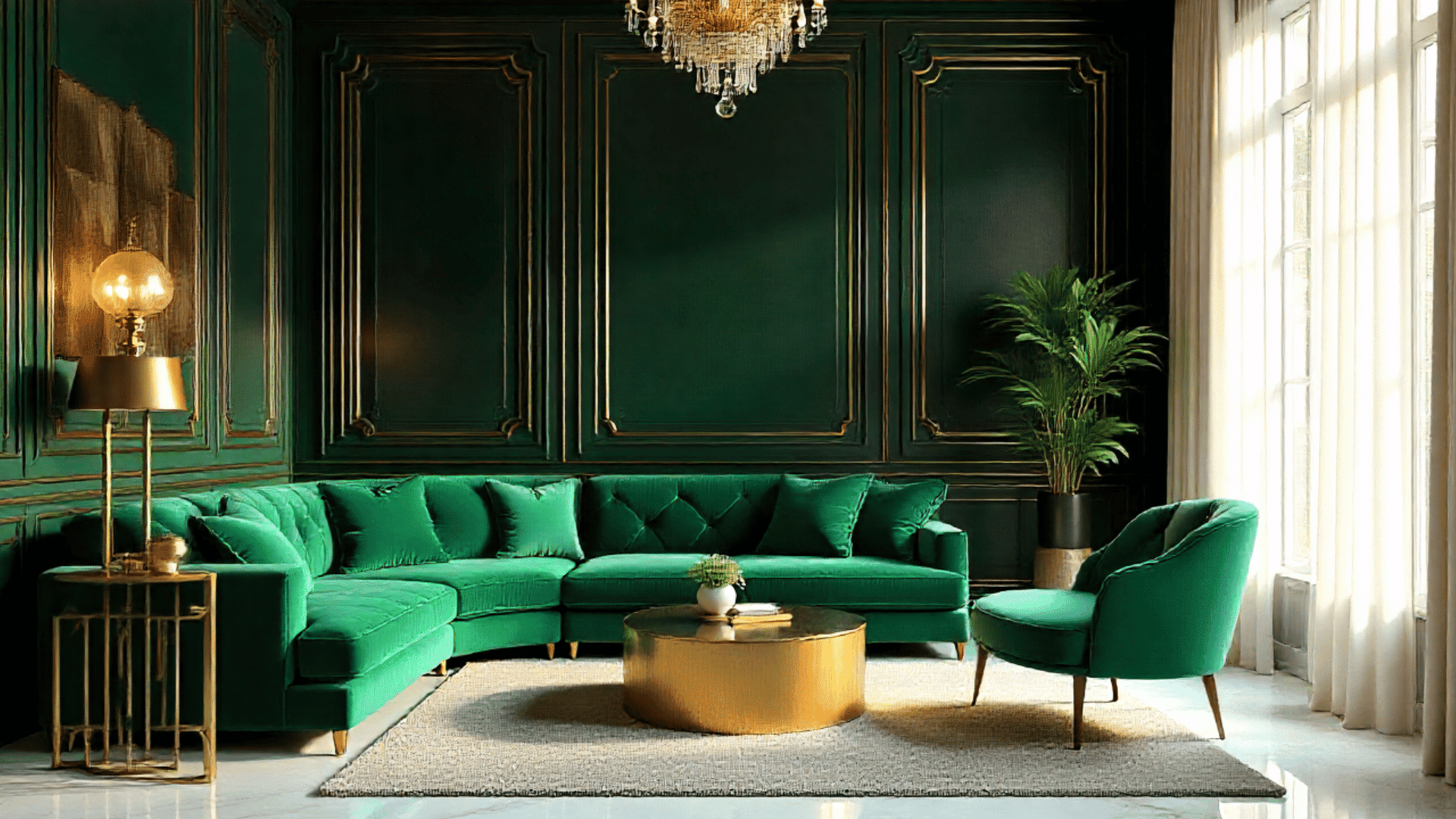 art deco luxury room geometric gold black wall paneling emerald velvet furniture brass lamp mirrored accents crystal chandelier marble floor glamorous morning light