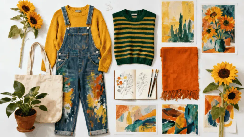 art hoe aesthetic featuring painted denim sketchbook canvas tote and colorful artistic fashion pieces