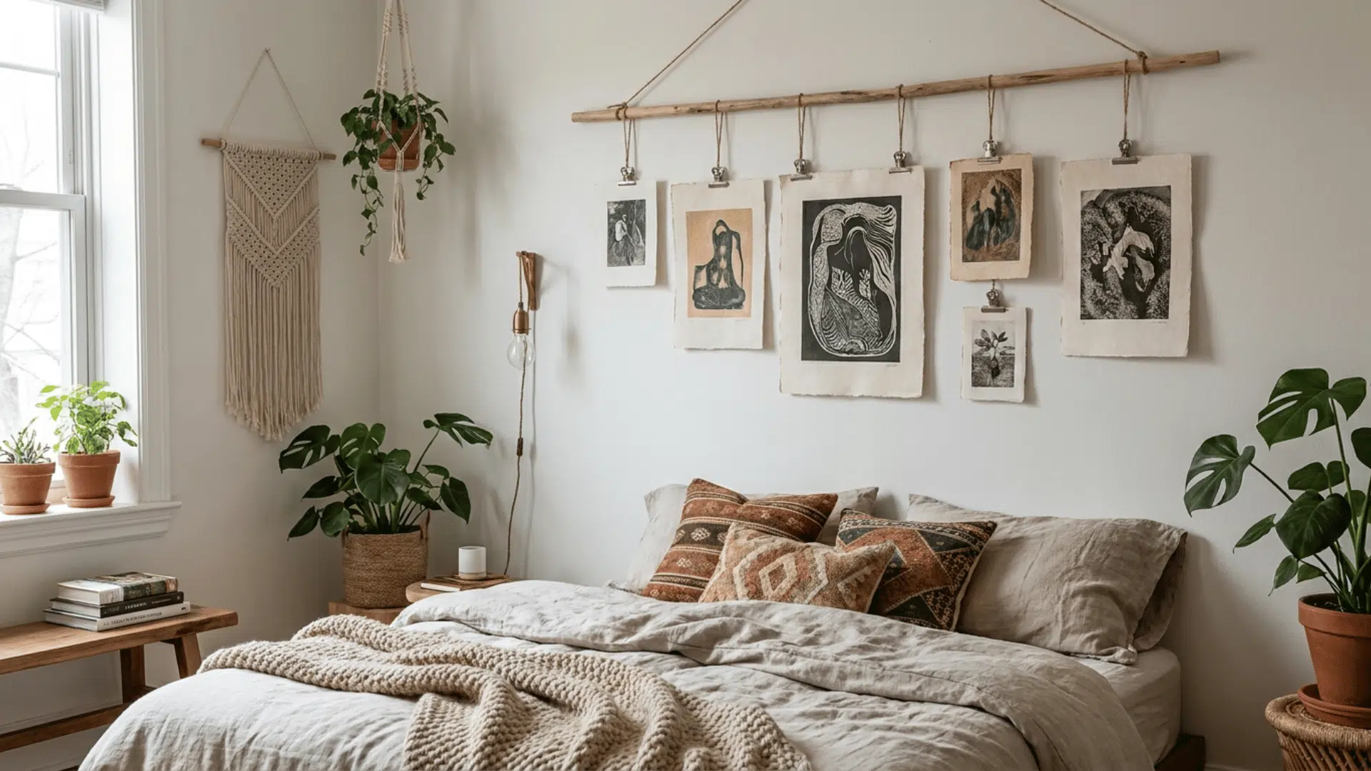 art prints hanging from wooden dowel with clips in cozy bedroom
